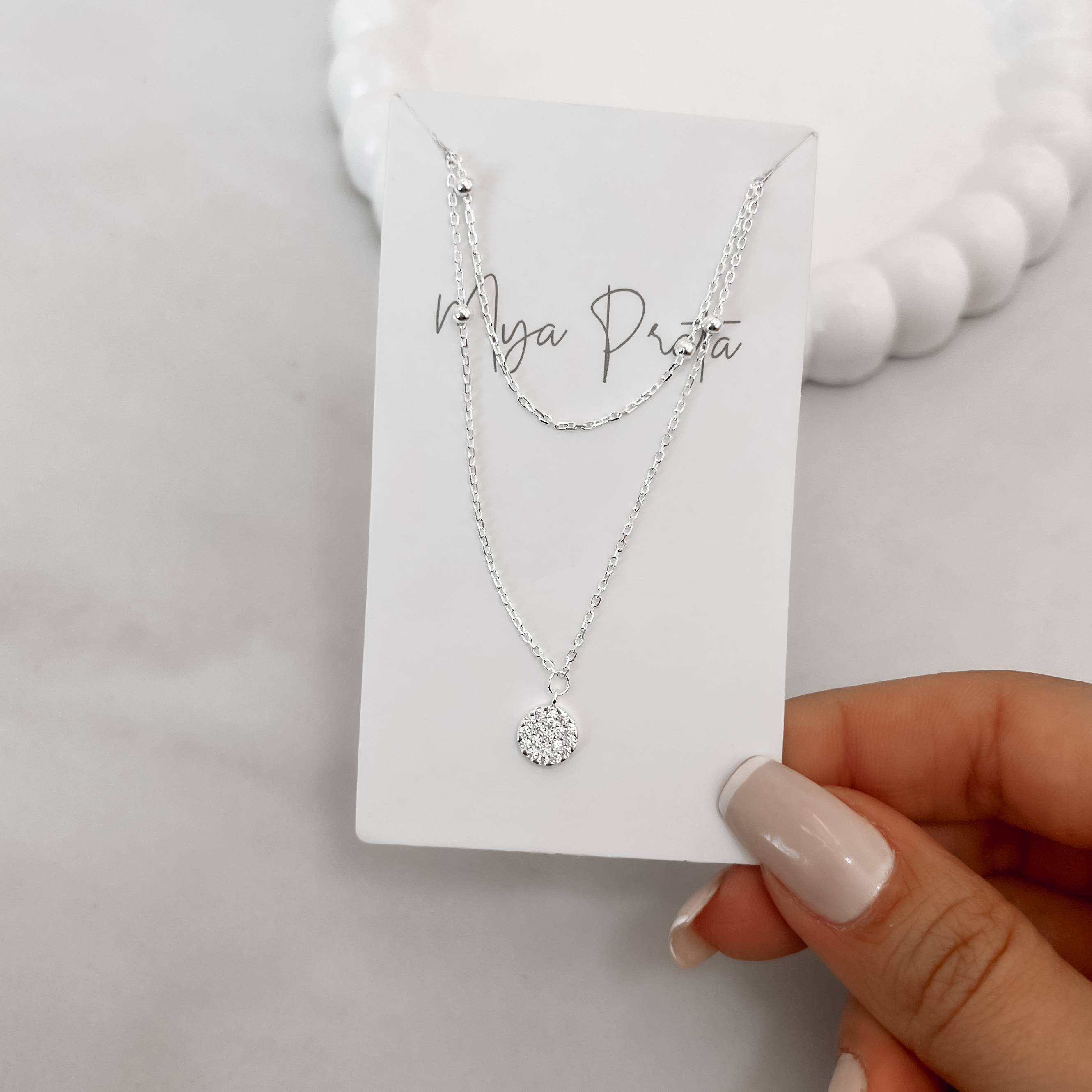 Imagem Secundária Colar duplo entremeio bolas pingente zircônias e botão cravejado 7mm 40+5cm