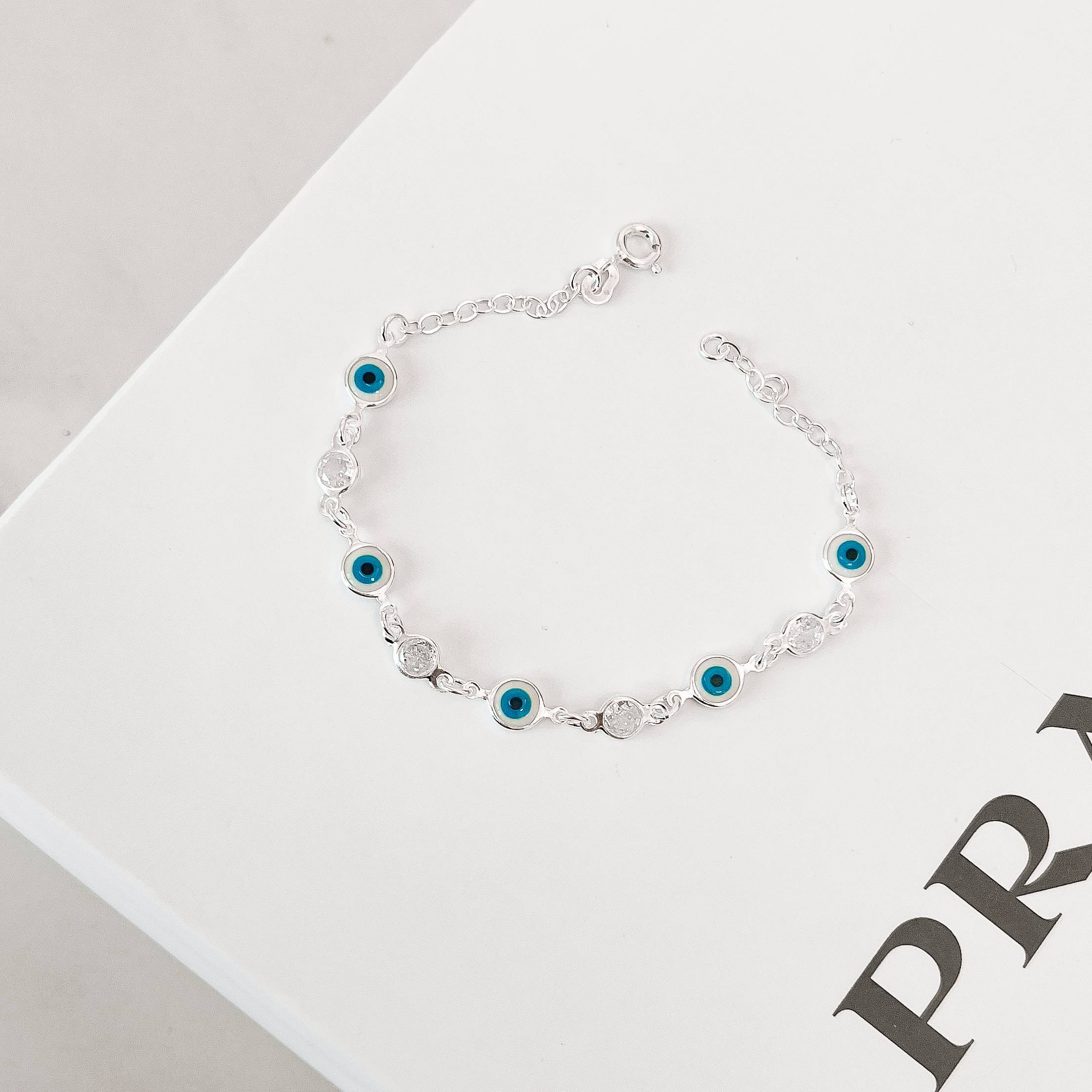 Pulseira entremeios olhos gregos turquesa e zircônia cristal 5mm