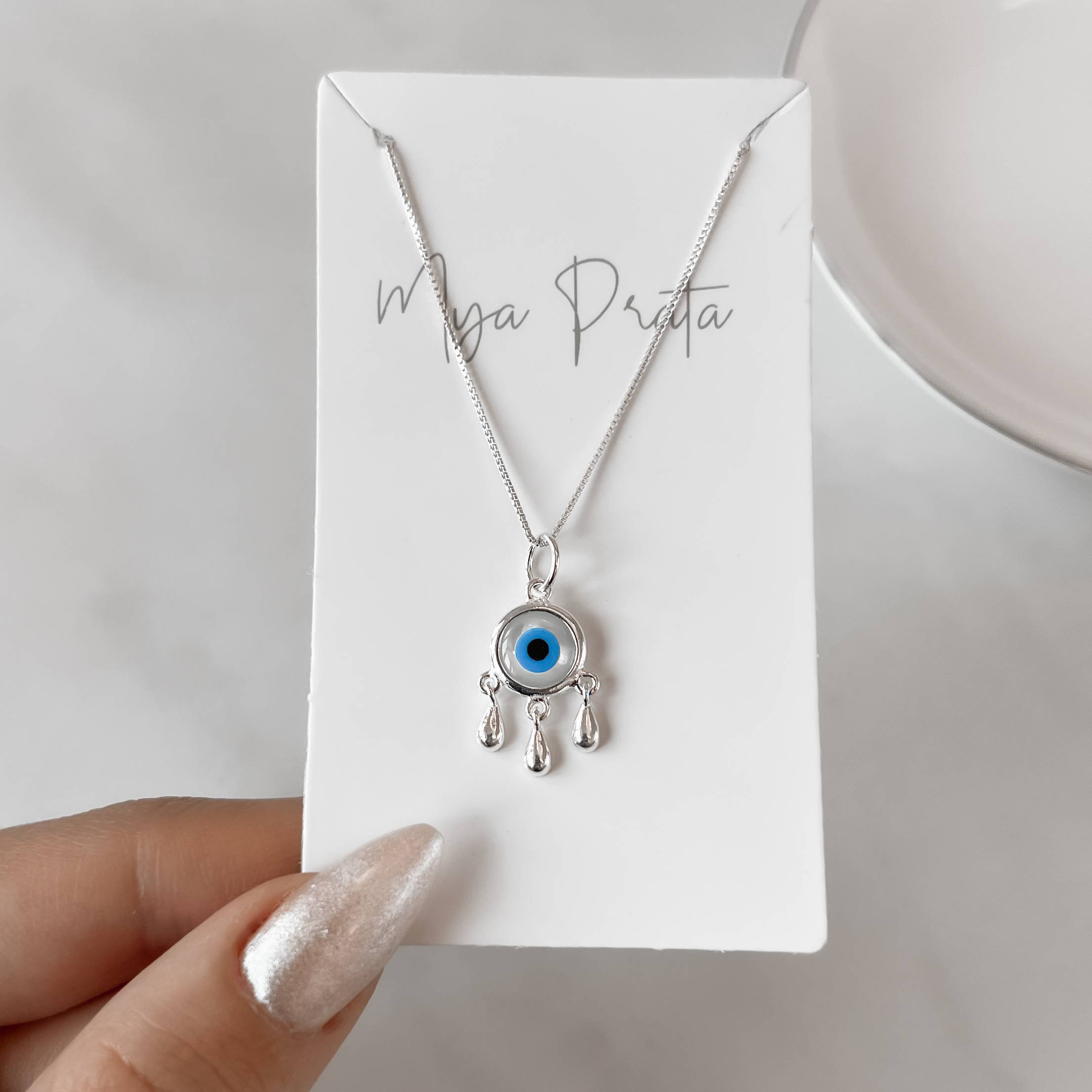 Colar pingente olho grego madrepérola 10mm 45cm