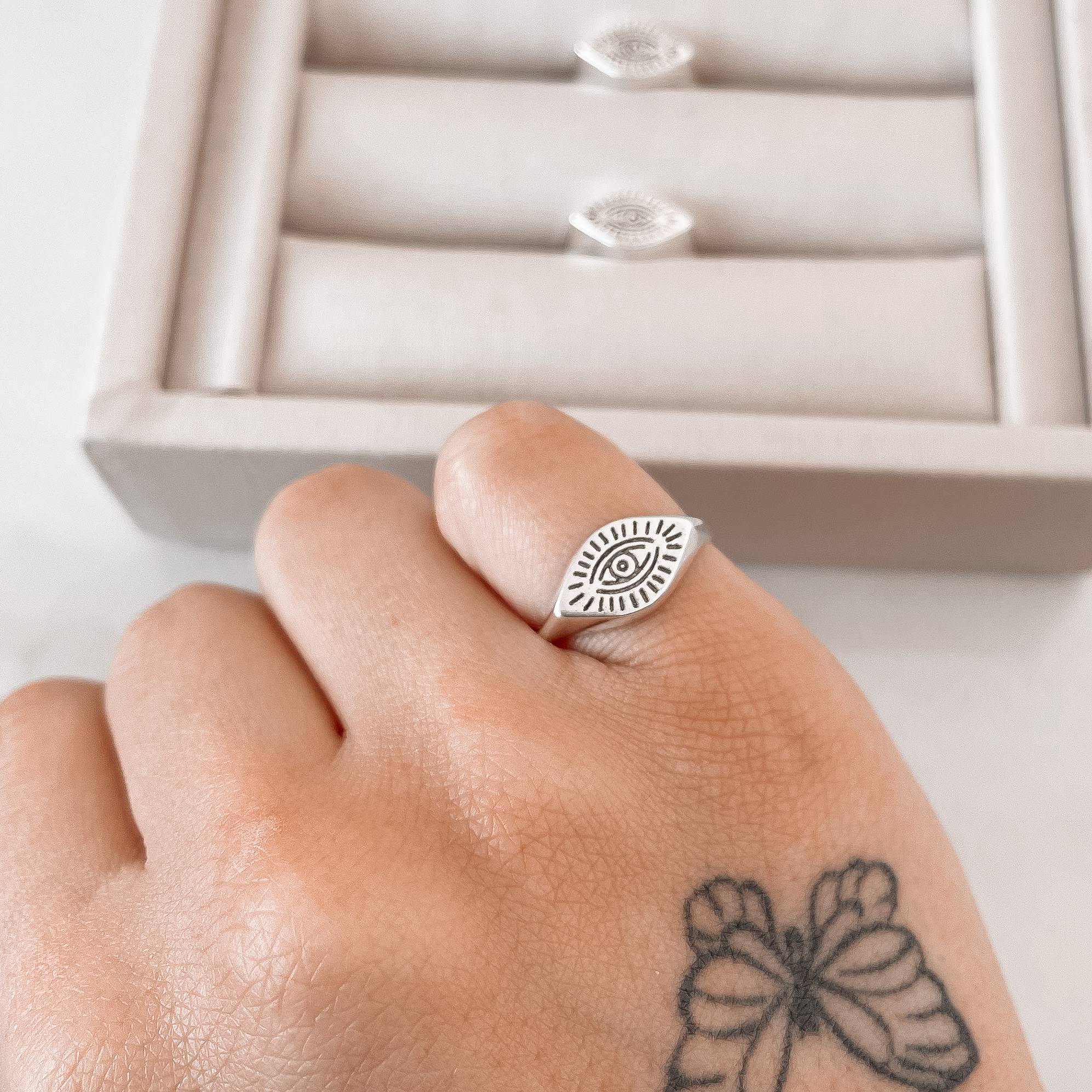 Anel olho grego navete desenhado envelhecido dedinho