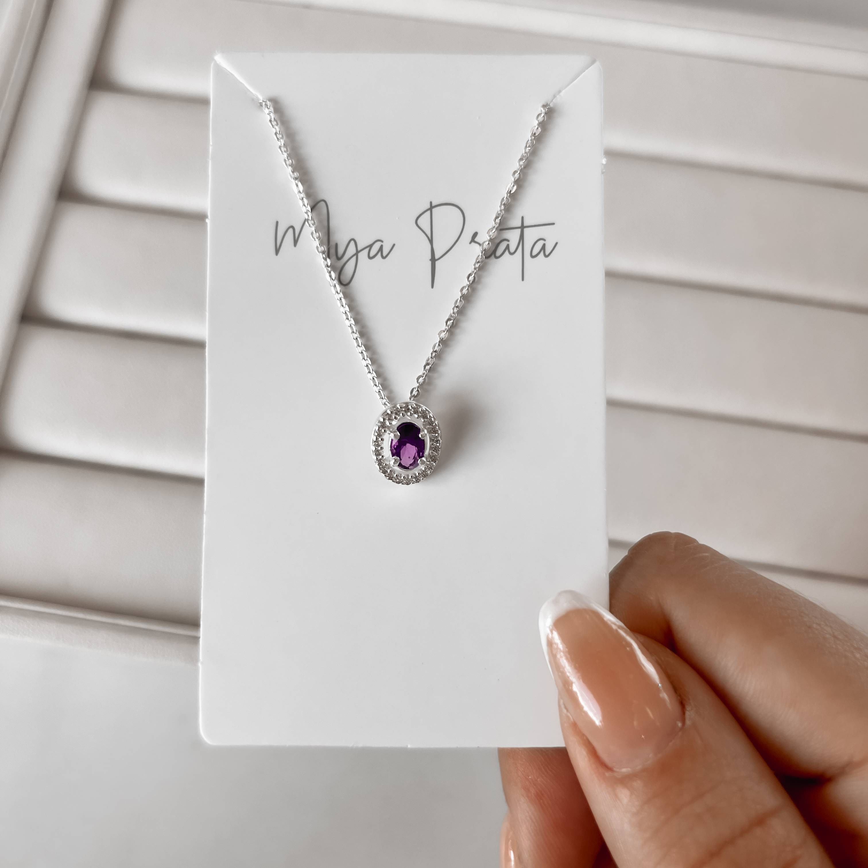 Colar zircônia oval ametista com cravejado 11mm corrente cadeadinho 45cm