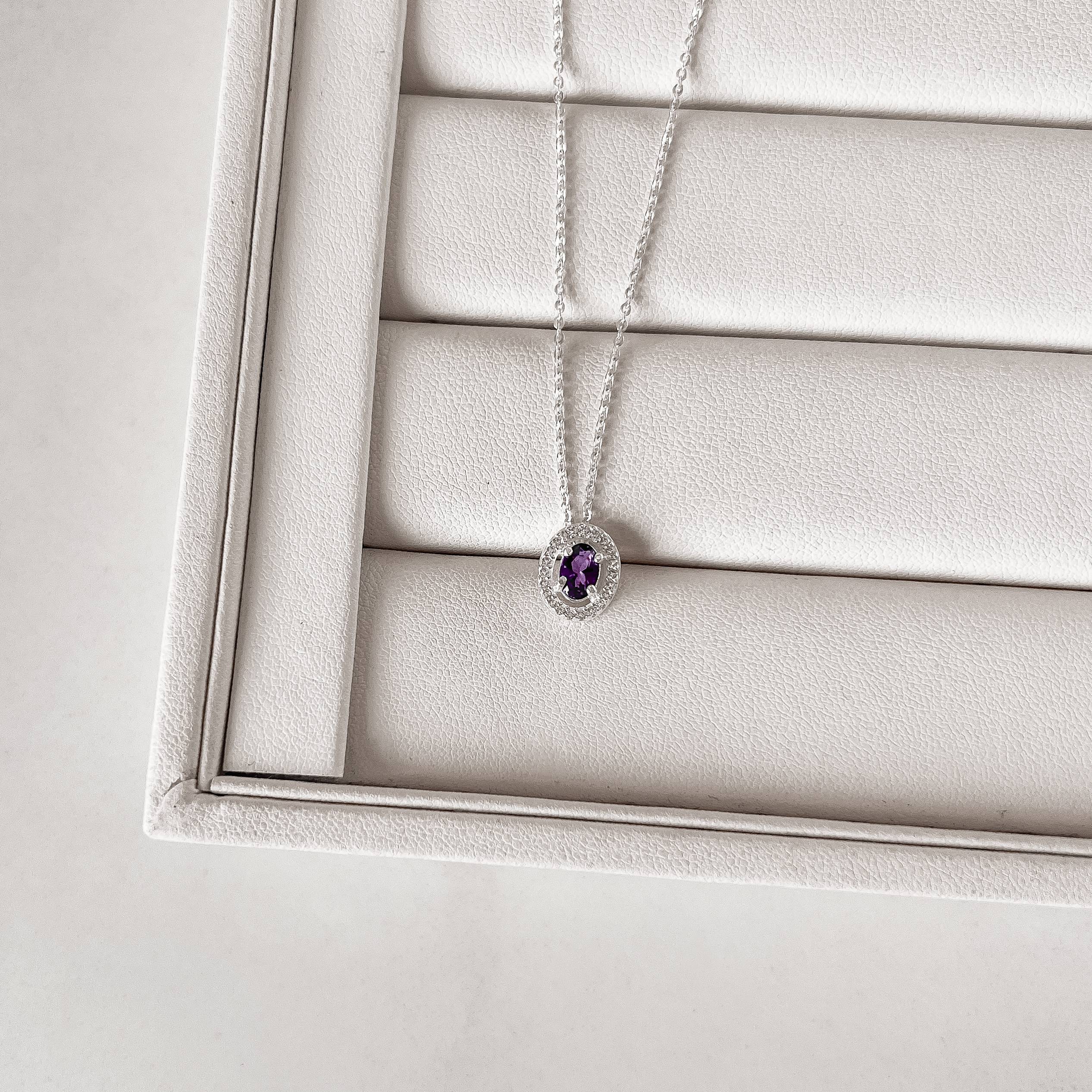 Imagem Secundária Colar zircônia oval ametista com cravejado 11mm corrente cadeadinho 45cm