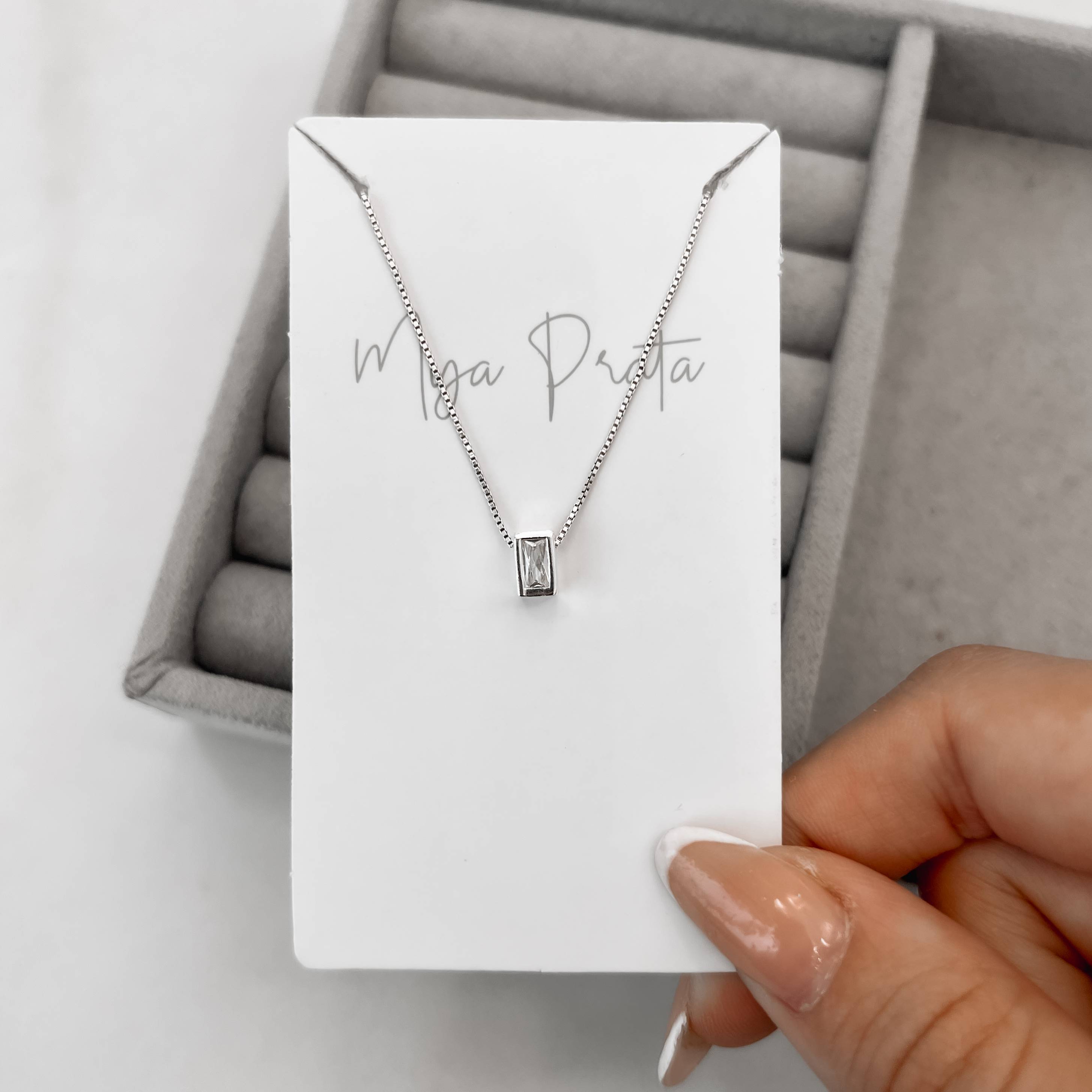 Colar zircônia retangular cristal 5mm 40cm