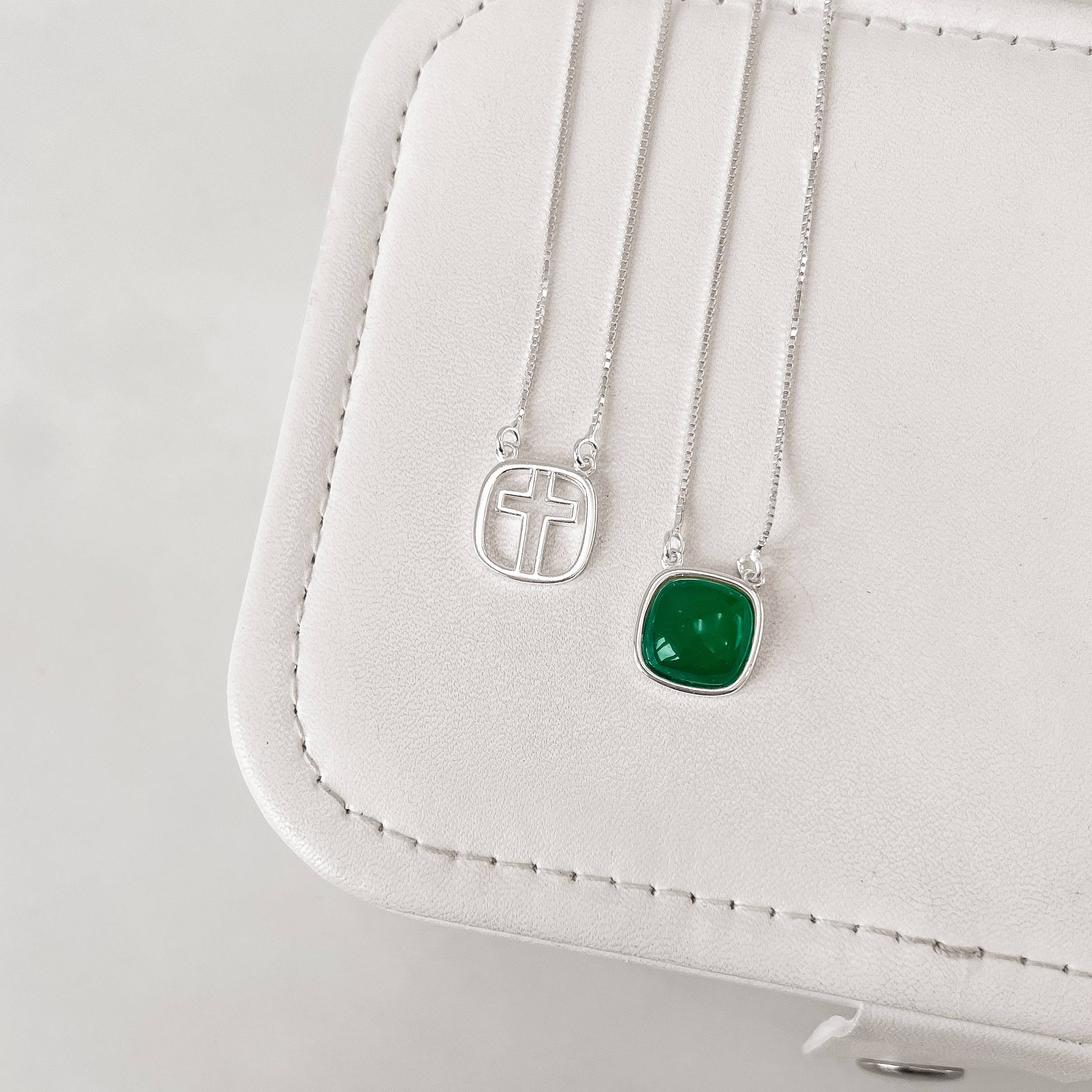 Escapulário cruz e pedra ágata verde v15 60cm