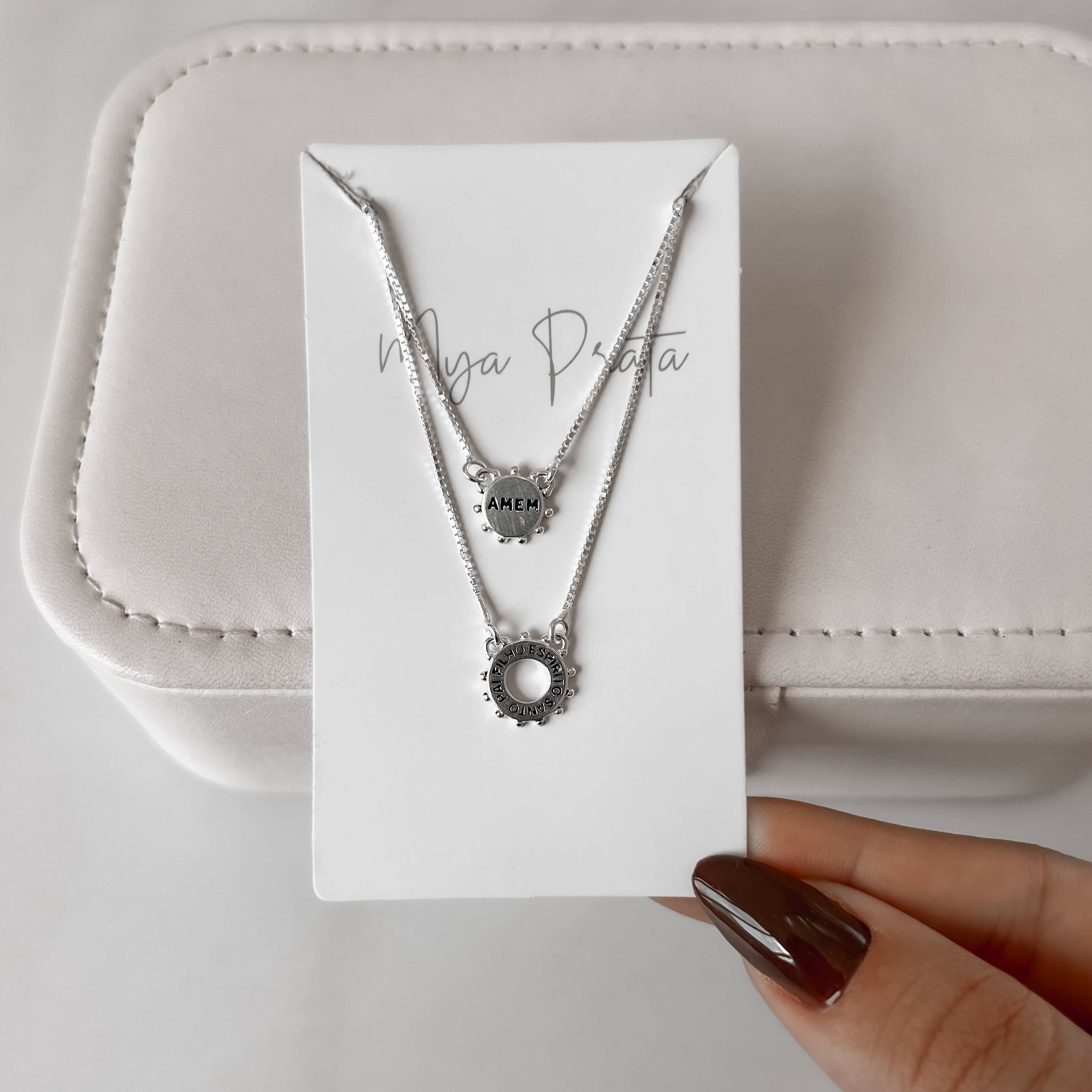 Escapulário placas pai, filho, Espírito Santo Amém v15 60cm