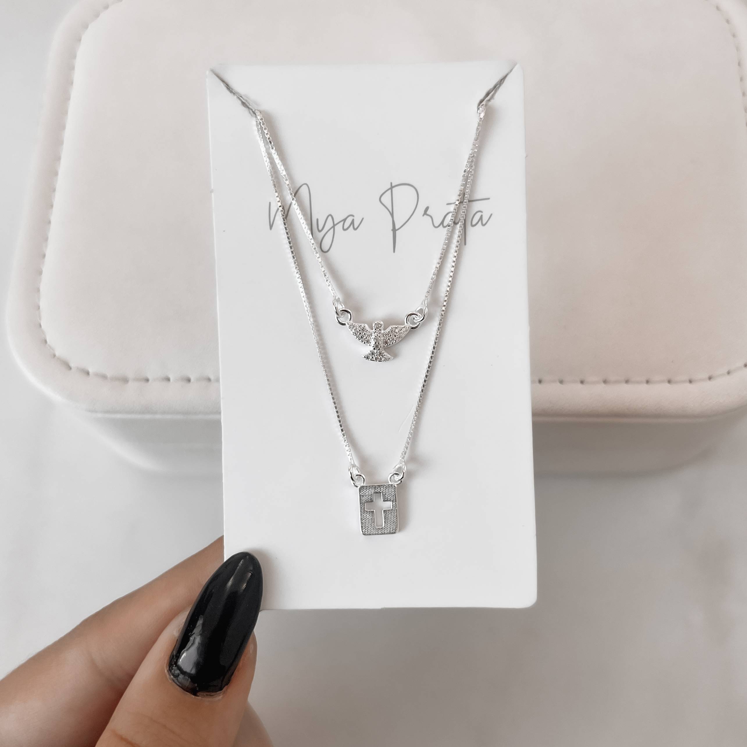 Escapulário placa cruz e Espírito Santo cravejado v12 60cm