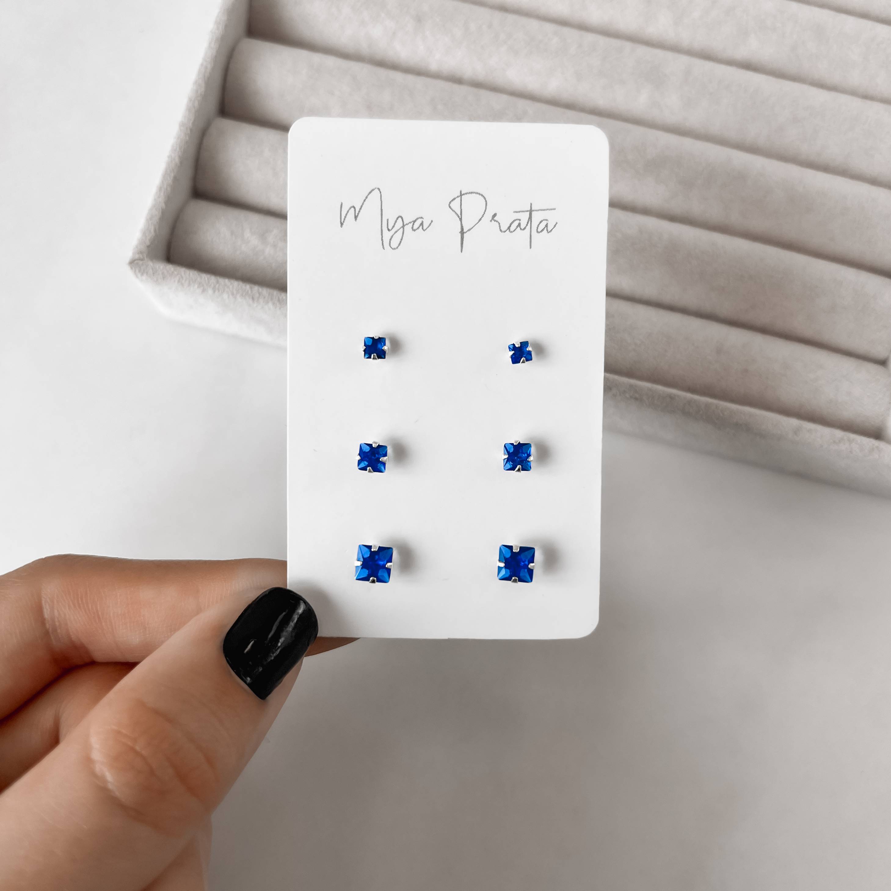 Trio zircônias quadradas 3, 4 e 5mm azul bic