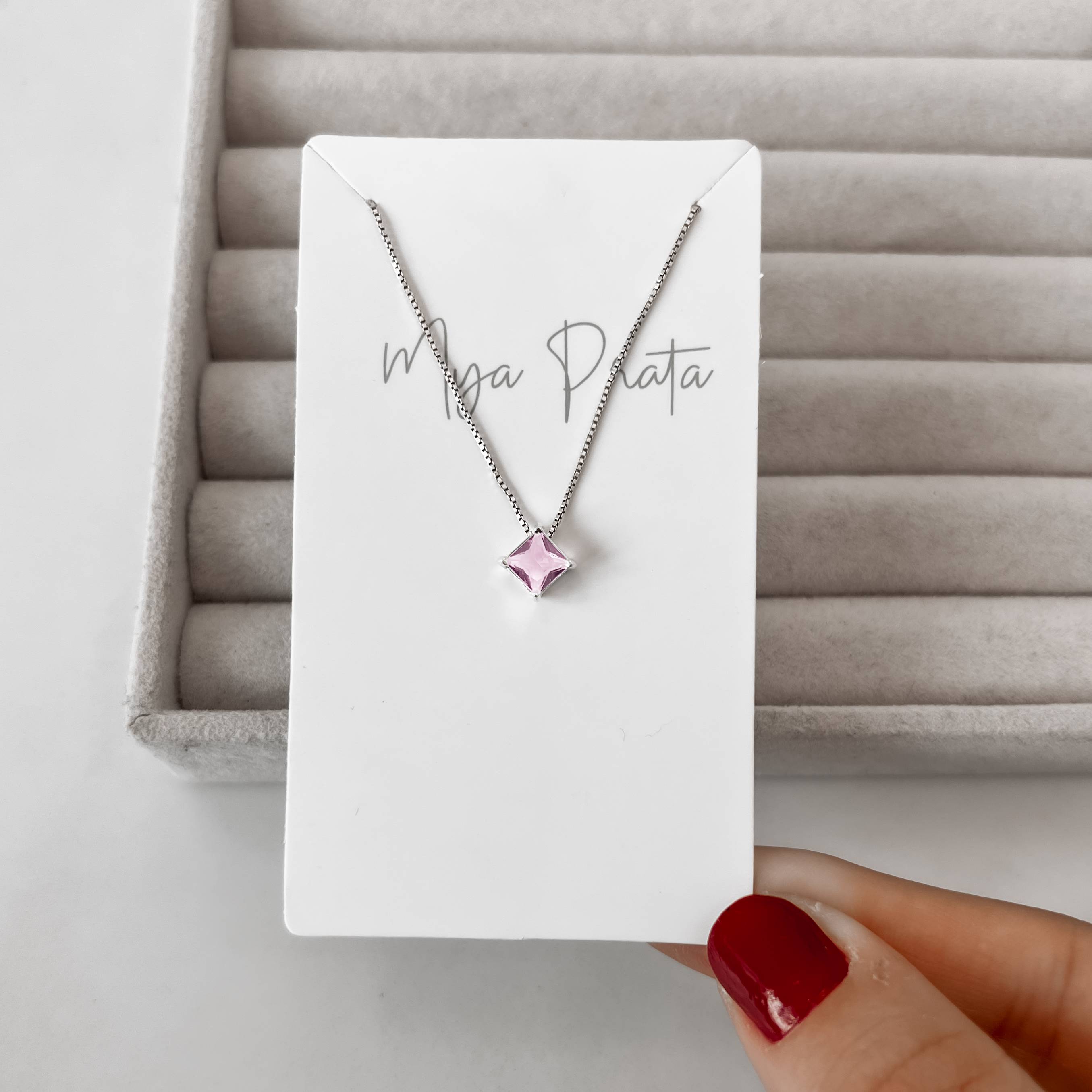 Colar zircônia losango rosa 8mm 40cm