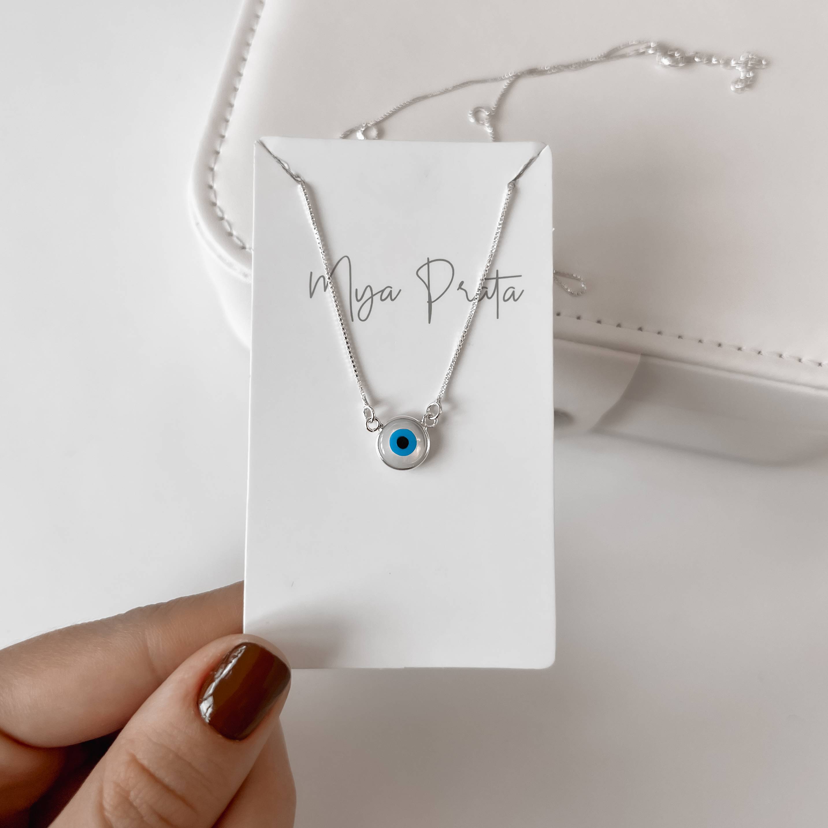 Colar olho grego redondo madrepérola 9mm 40+3cm