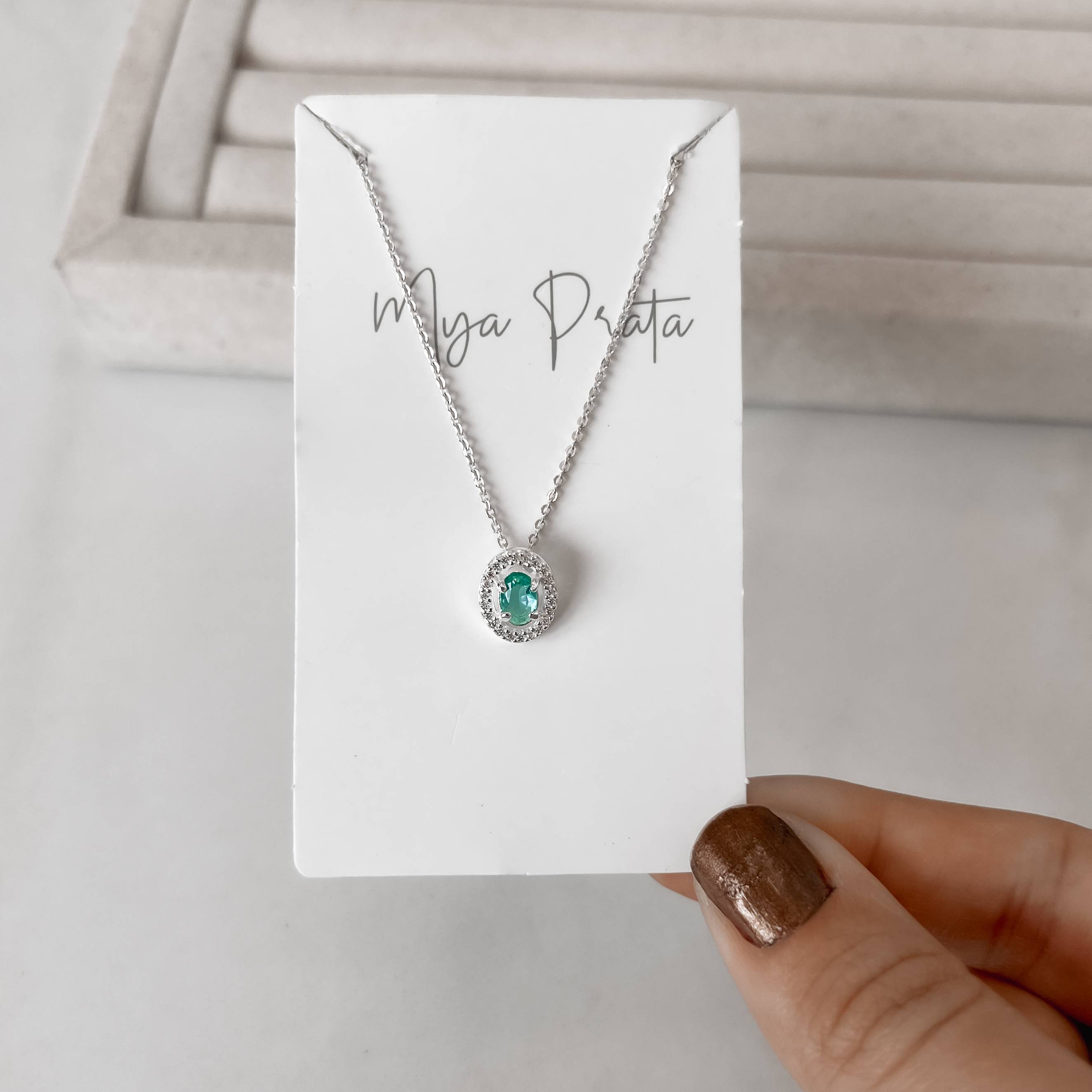 Imagem Colar zircônia oval acqua com cravejado 11mm corrente cadeadinho 45cm