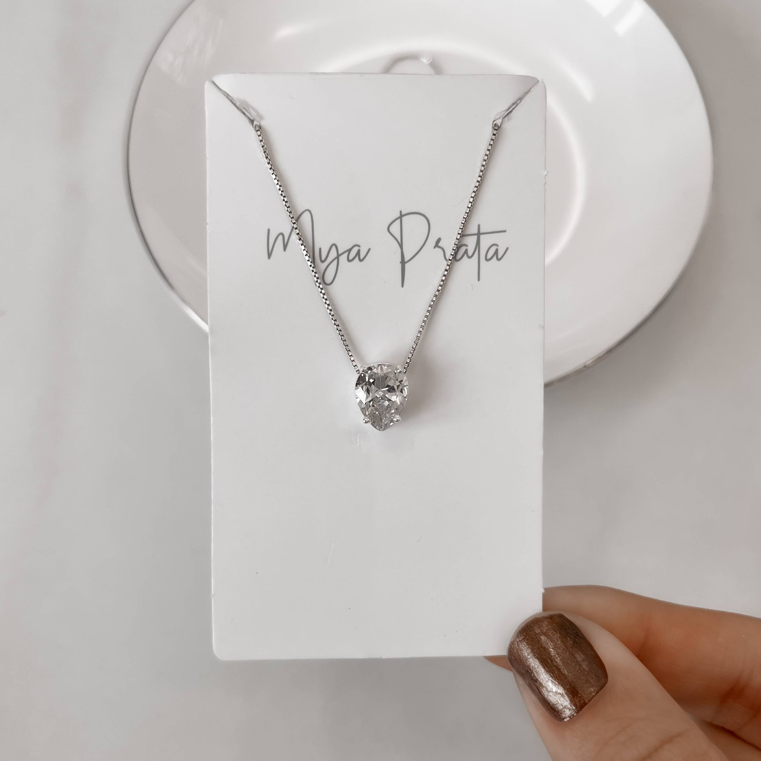 Imagem Secundária Colar zircônia gota invertida 10x8mm caixa alta 45cm