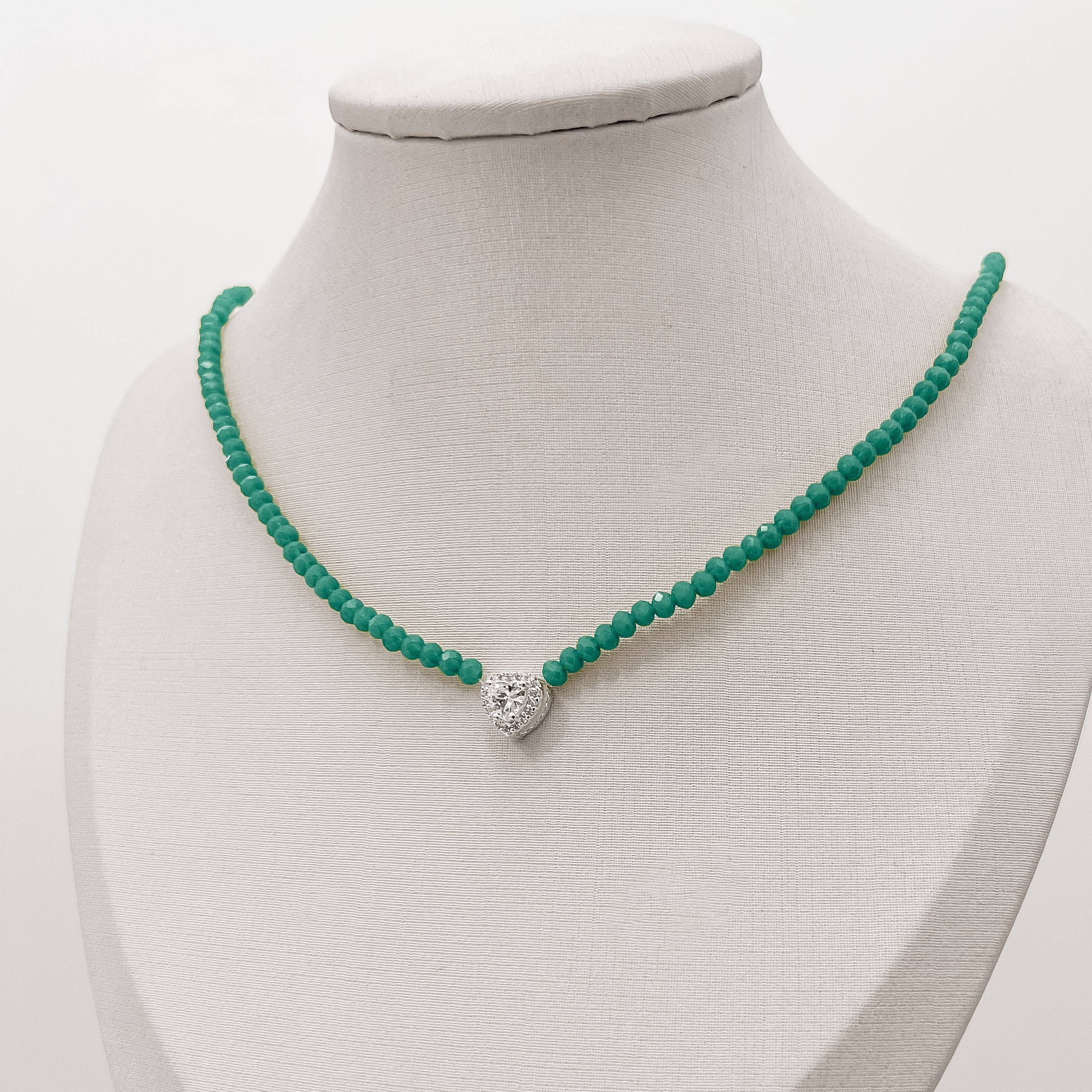 Colar cristal acqua 3.5mm pingente zircônia coração cravejado 9mm 40+5cm