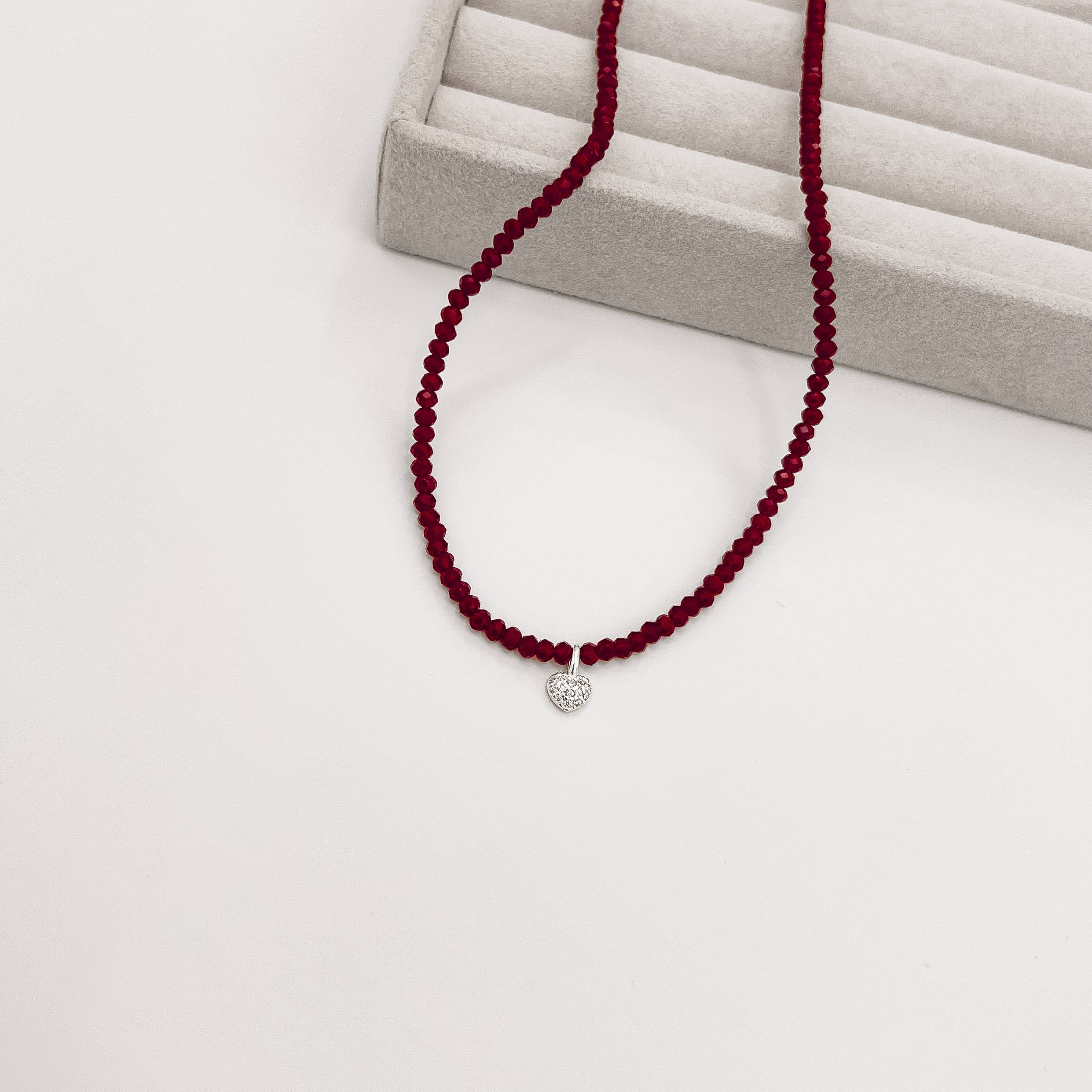 Imagem Secundária Colar cristal marsala 3mm pingente coração cravejado 6mm 40+5cm