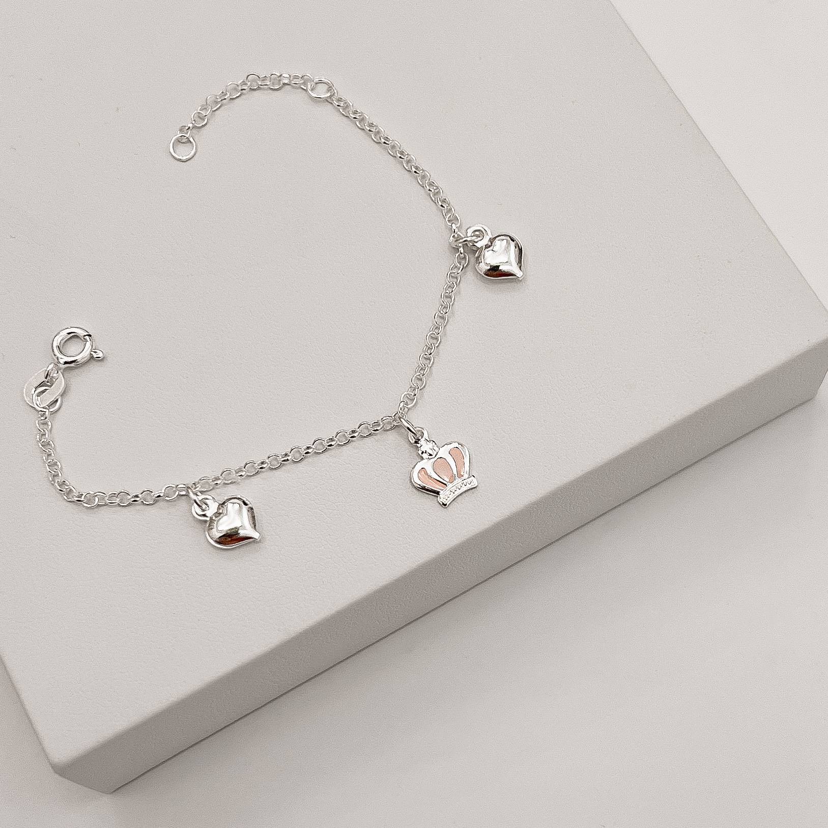 Pulseira infantil pingentes coração e coroa resina 7mm 