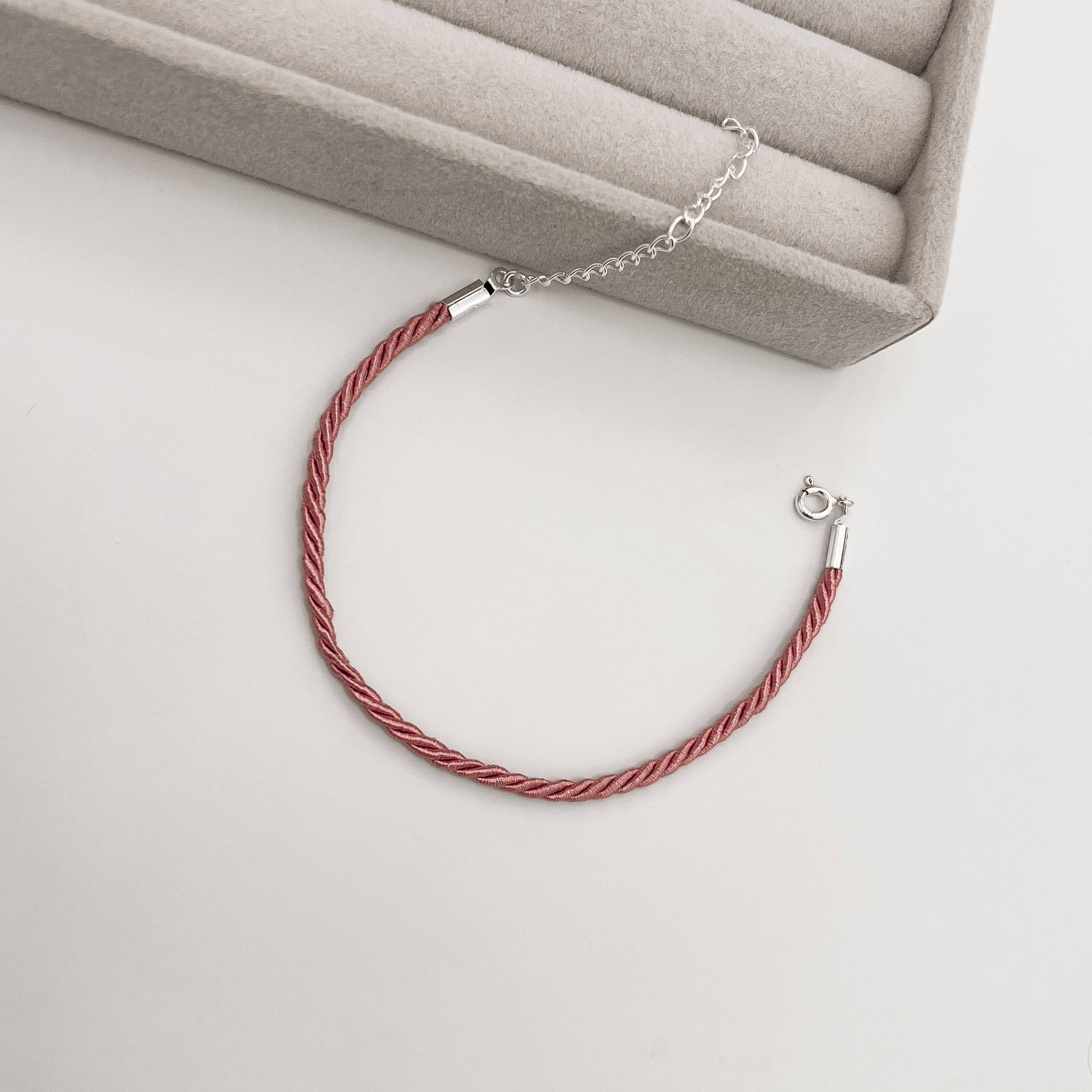 Pulseira cordão trançado rosa 2mm 16cm com alongadora