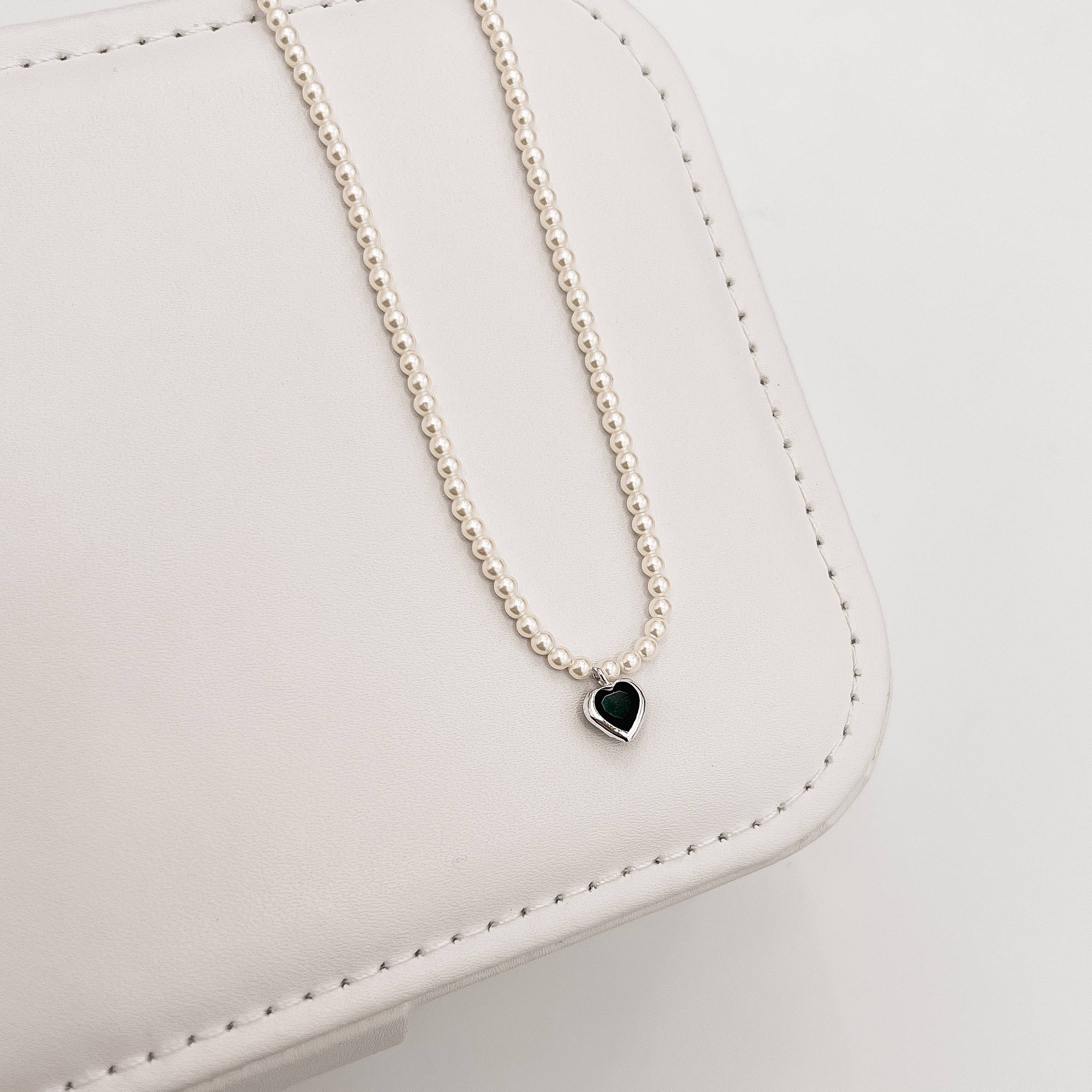 Choker pérola 2.5mm pingente zircônia coração ônix 6mm 40+5cm