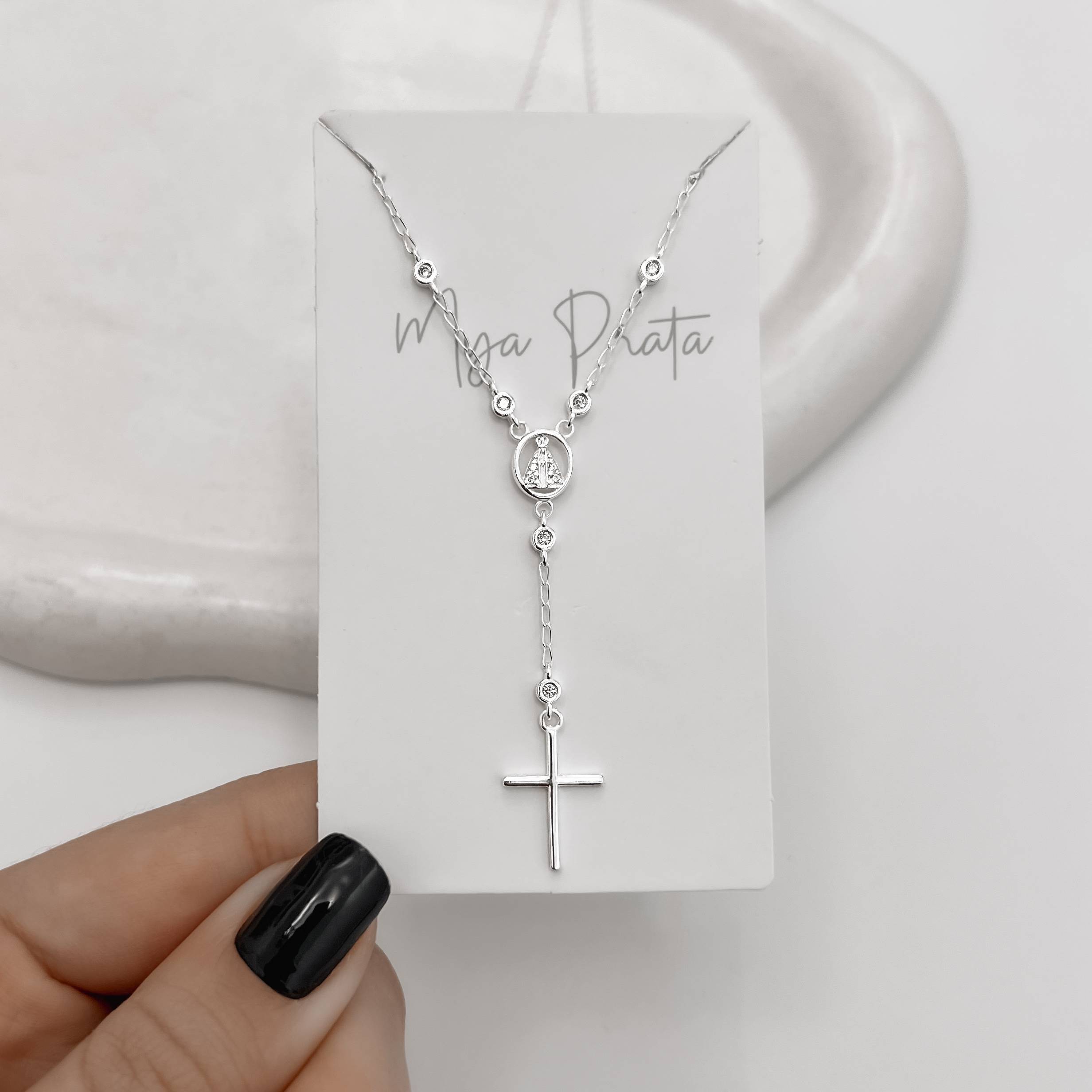 Imagem Secundária Colar Nsa. Sra. Aparecida terço com zircônias 45cm com alongadora