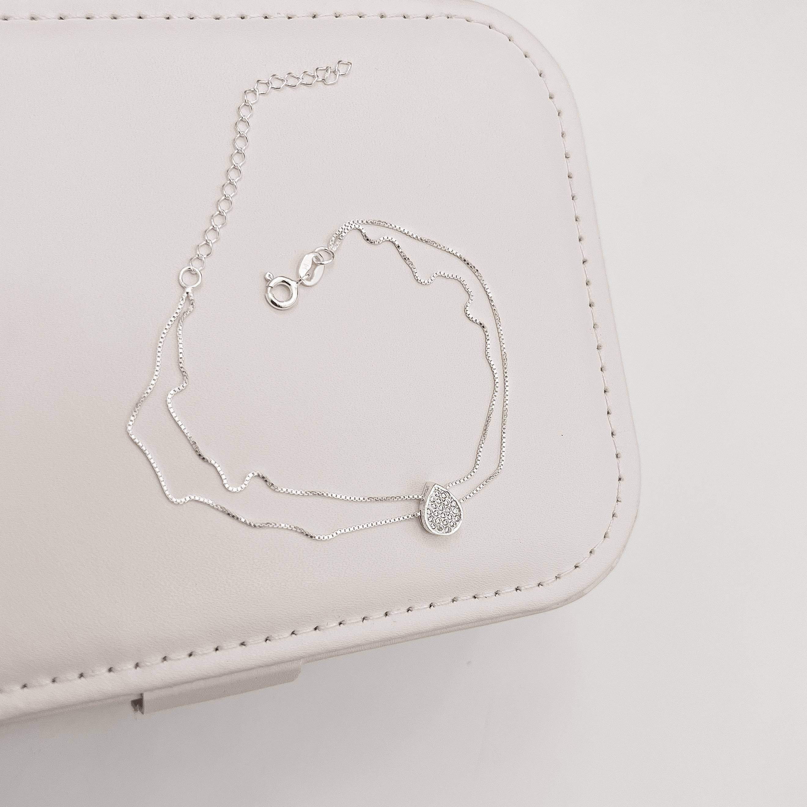 Pulseira entremeio gota cravejada 9mm corrente dupla 17cm com alongadora