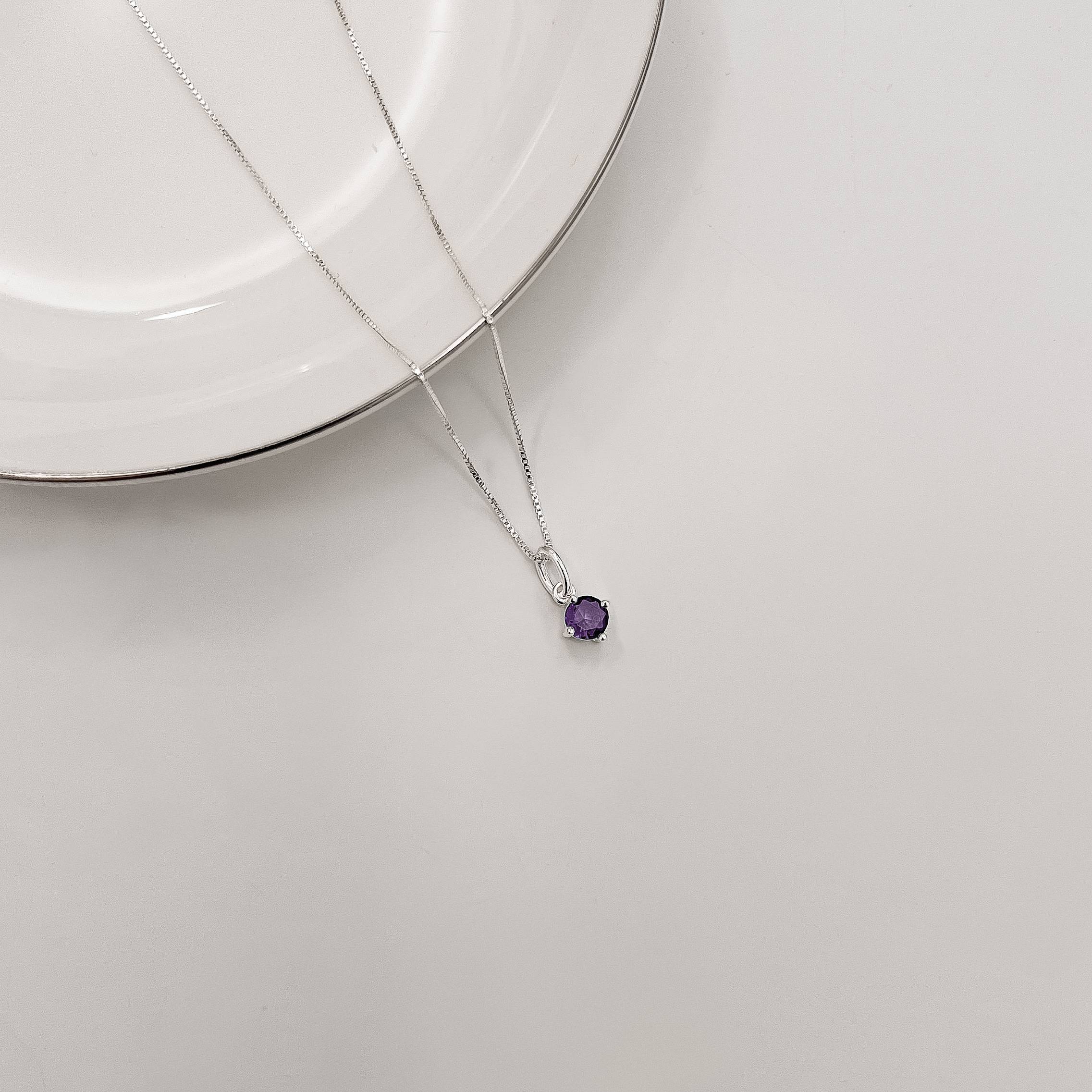 Colar pingente zircônia redonda ametista 5mm 40cm