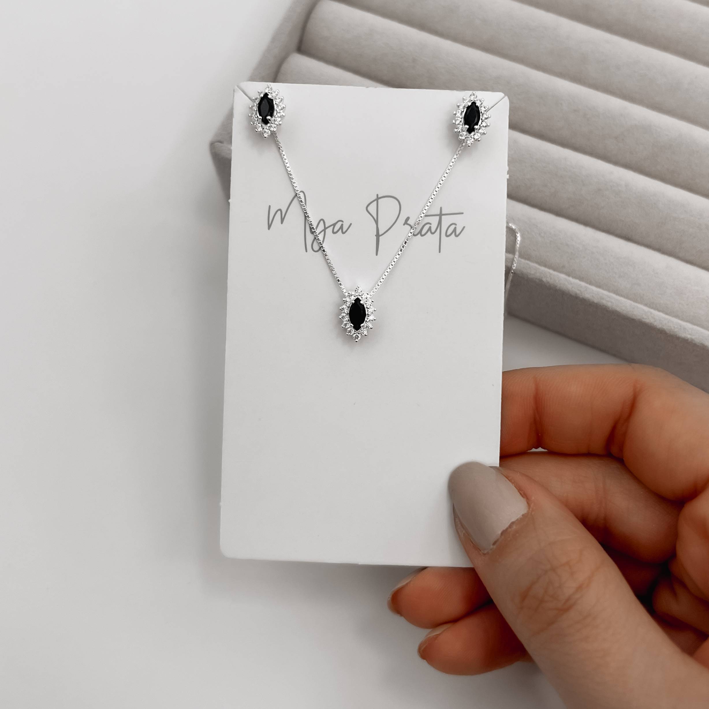 Conjunto brinco e colar zircônia navete ônix com cravejado 10mm 45cm