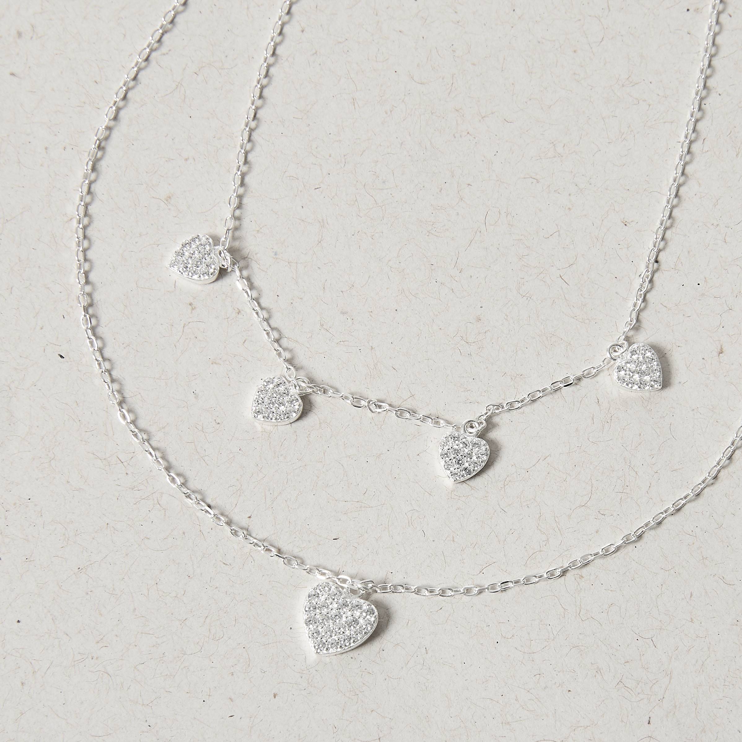 Imagem Colar duplo pingentes corações cravejados 5mm 40cm e coração cravejado 8mm 45+5cm