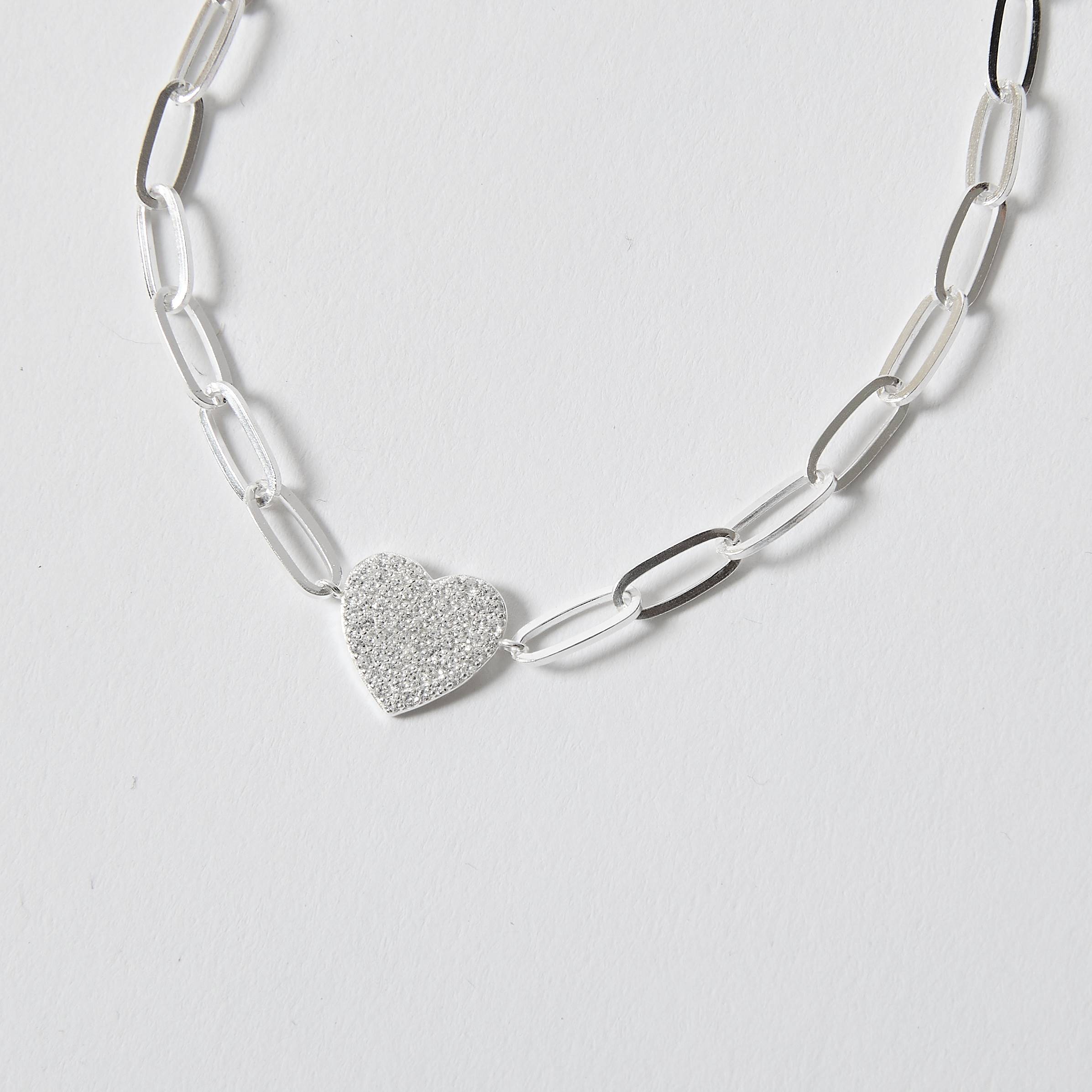 Pulseira entremeio coração cravejado 12mm corrente cartier 16+5cm