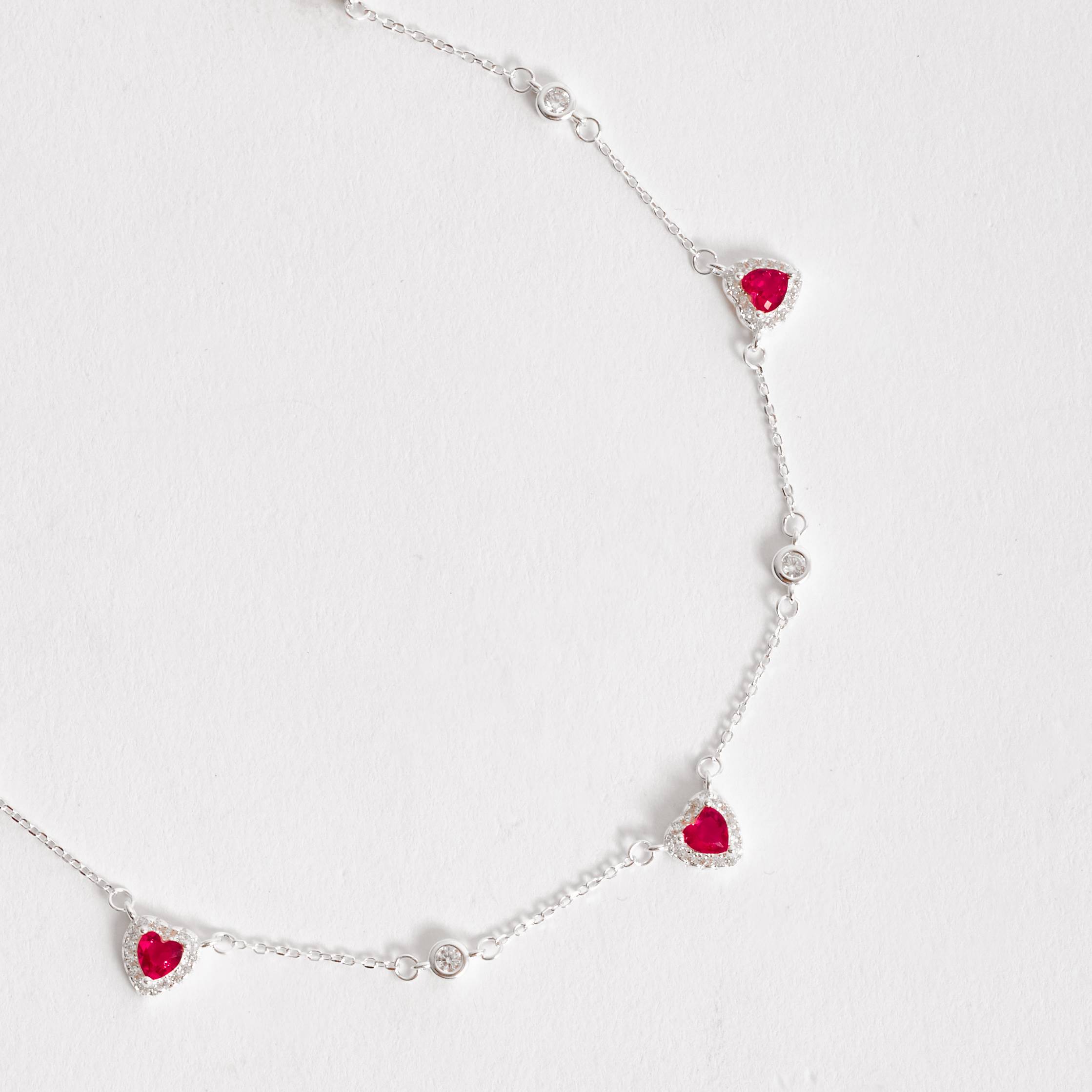 Imagem Colar entremeios zircônia redonda e zircônia coração rubi com cravejado 7mm corrente cadeado 40+5cm