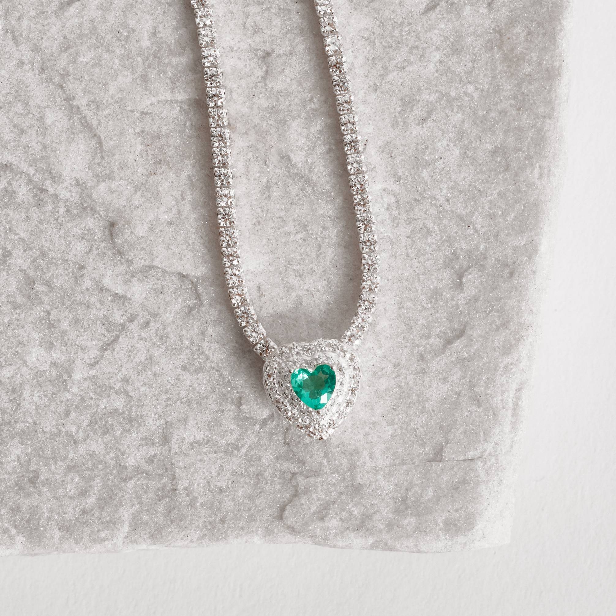 Colar Riviera 2.0 entremeio zircônia coração acqua com cravejado 11mm 40+5cm