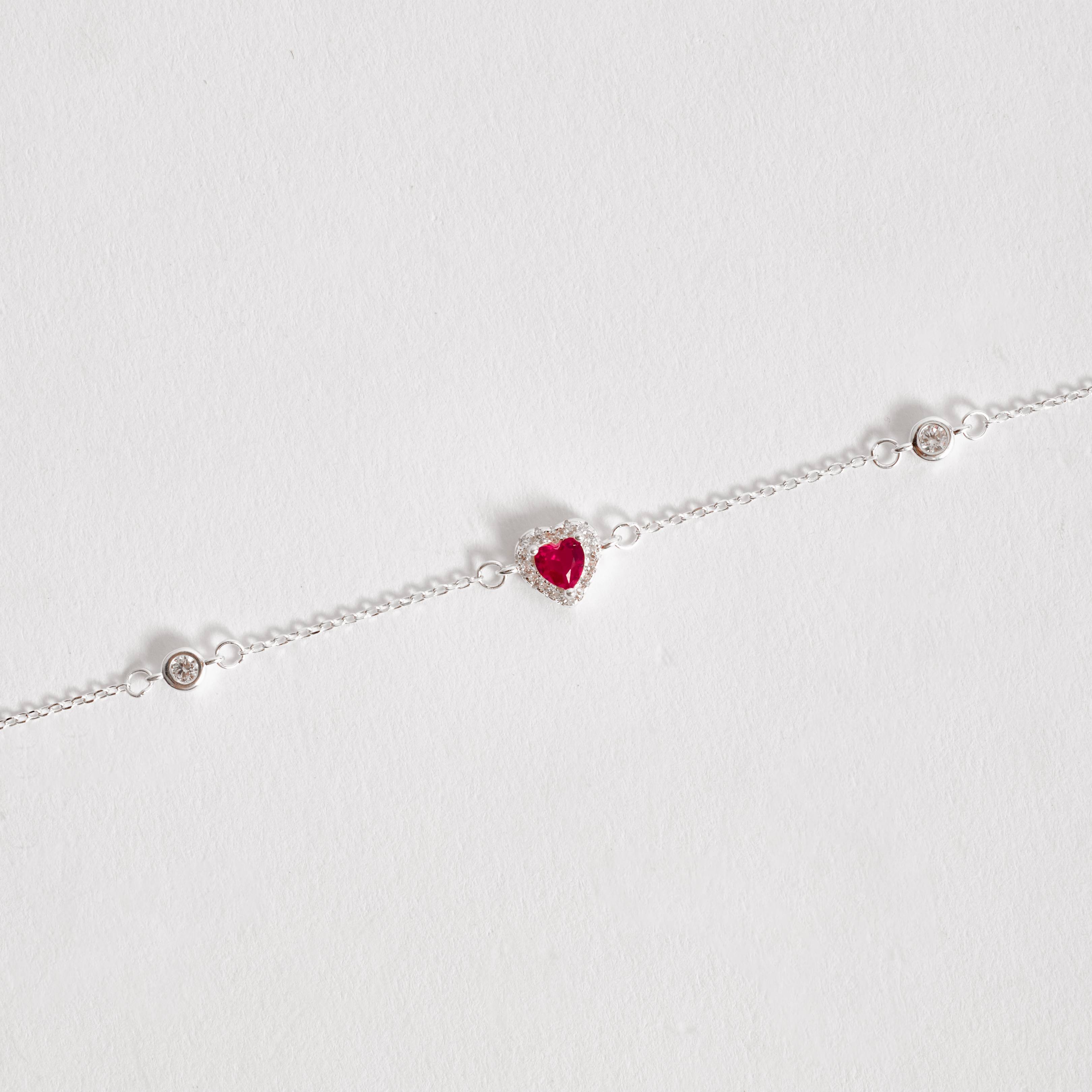 Pulseira entremeios zircônia redonda e zircônia coração rubi com cravejado 7mm 16+5cm