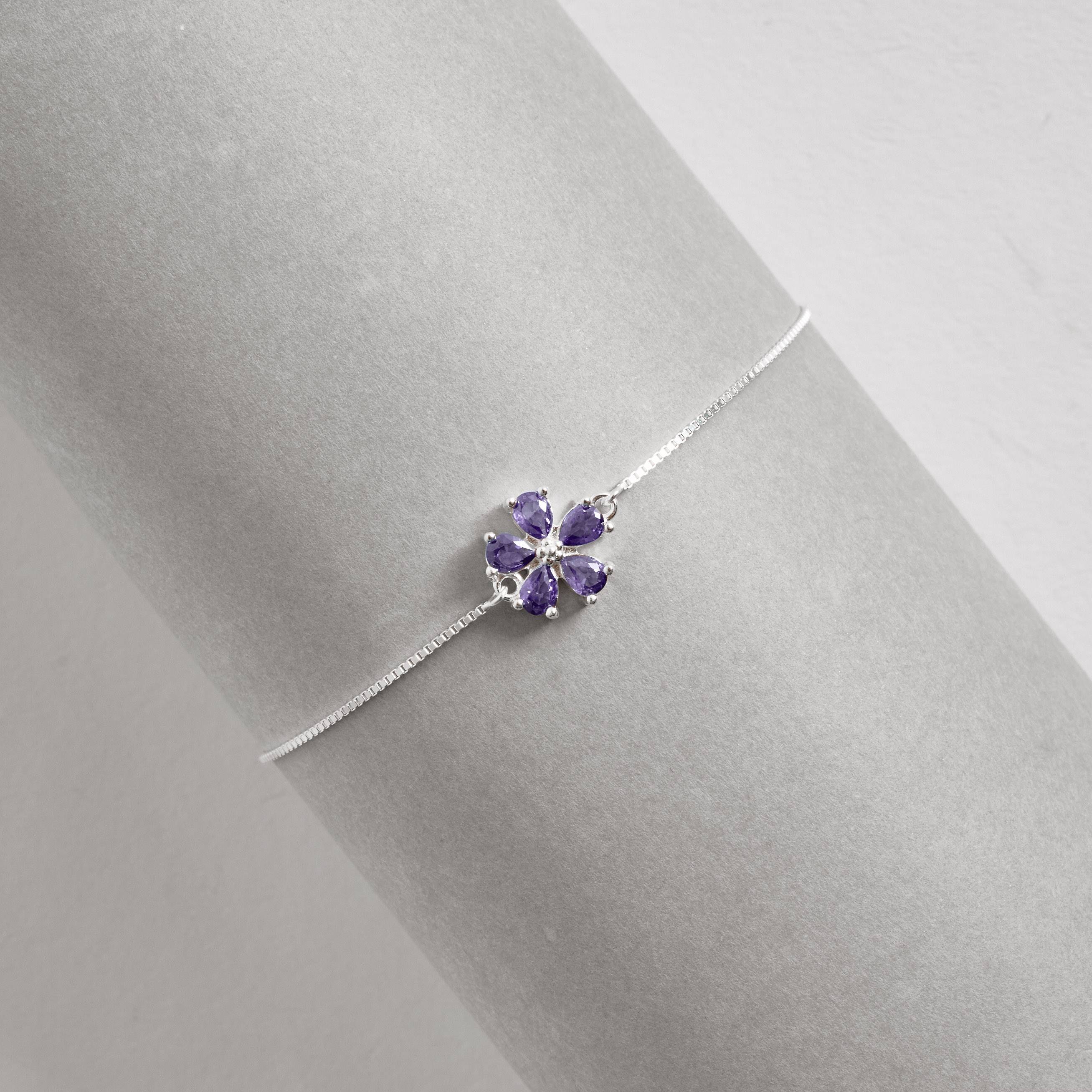 Imagem Secundária Pulseira entremeio flor cravejada ametista 11mm 16+4cm