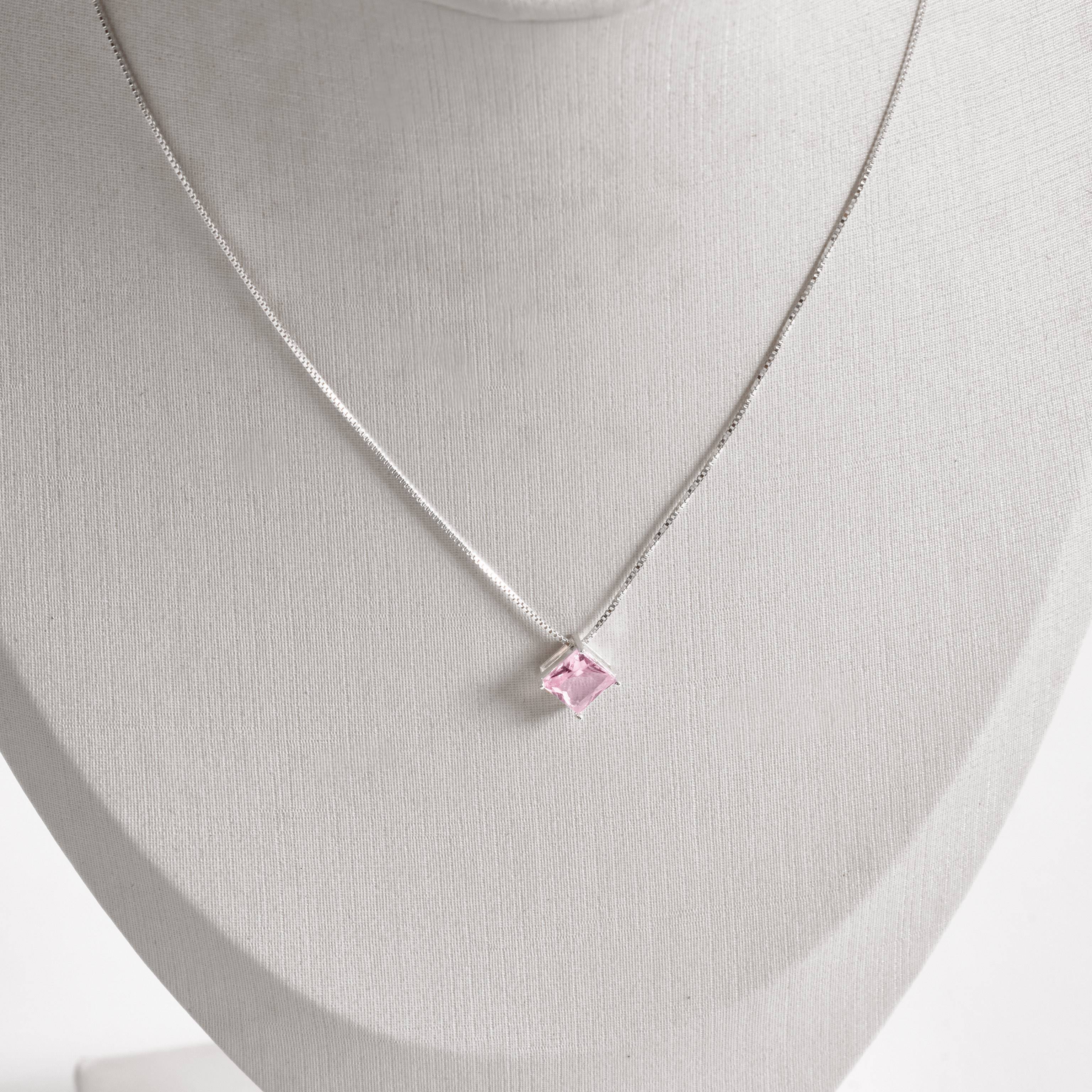 Colar zircônia losango rosa 10mm 45cm