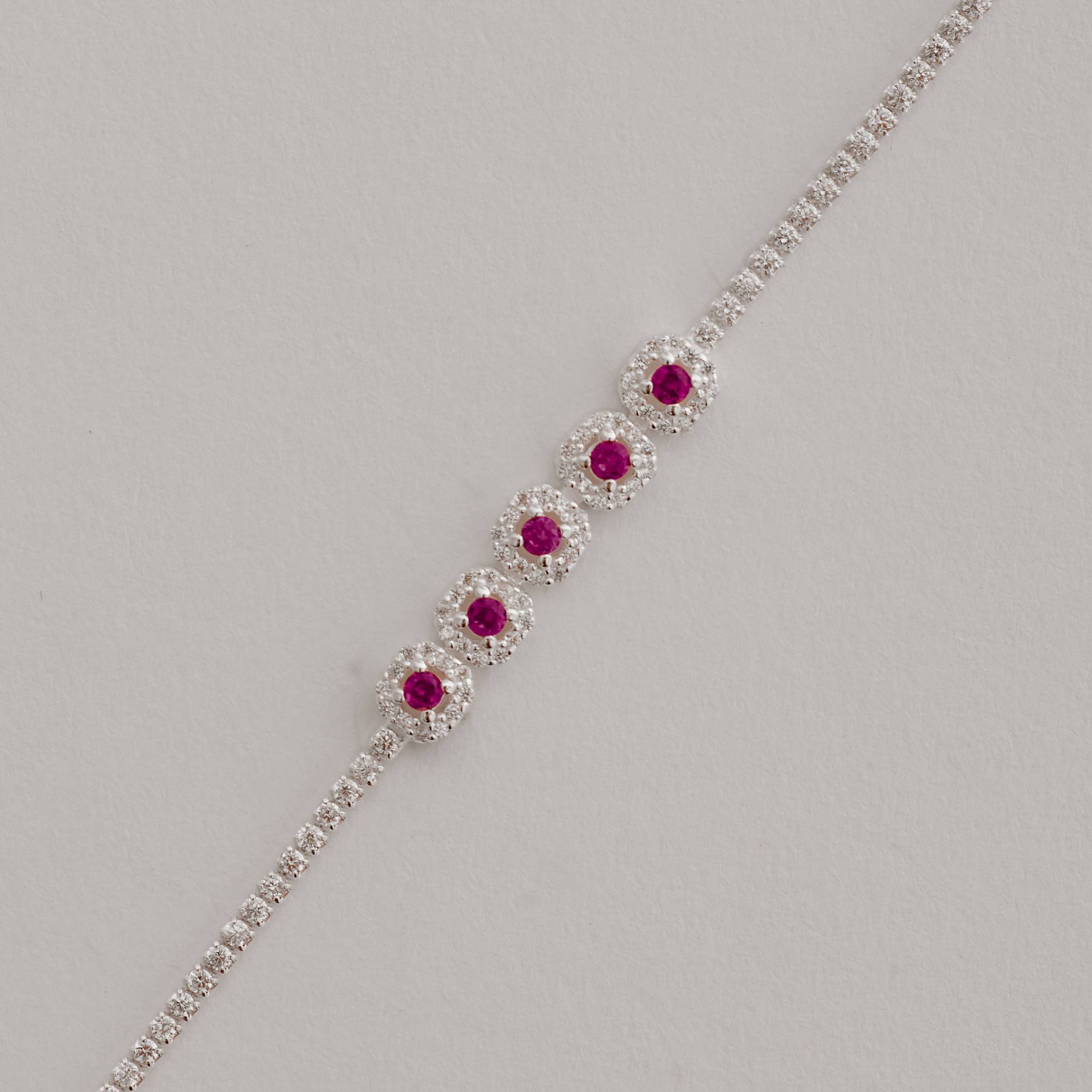 Pulseira Riviera entremeio quadrados cravejados detalhe rubi 16+4cm