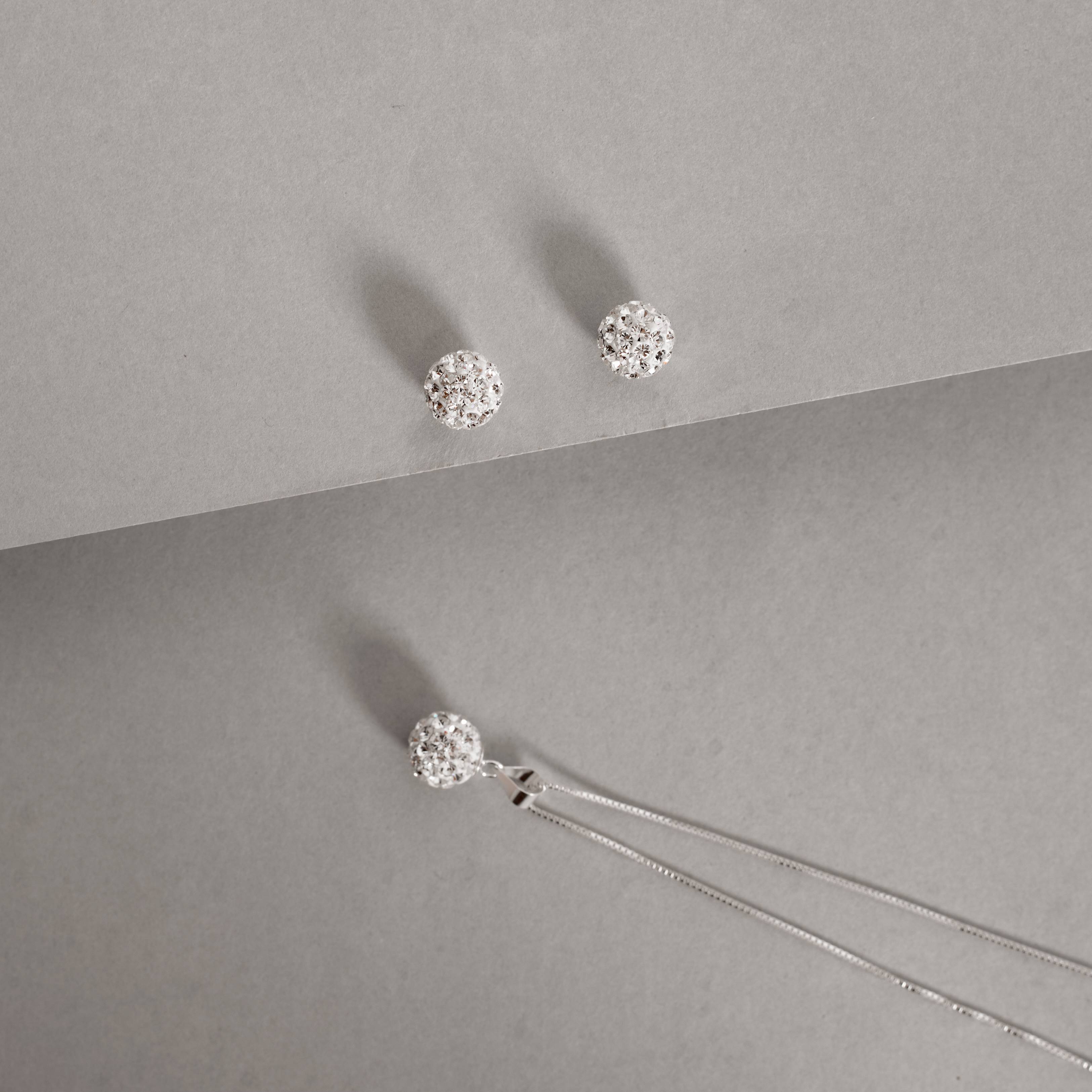 Conjunto brinco e colar bola cravejada 8mm 45cm