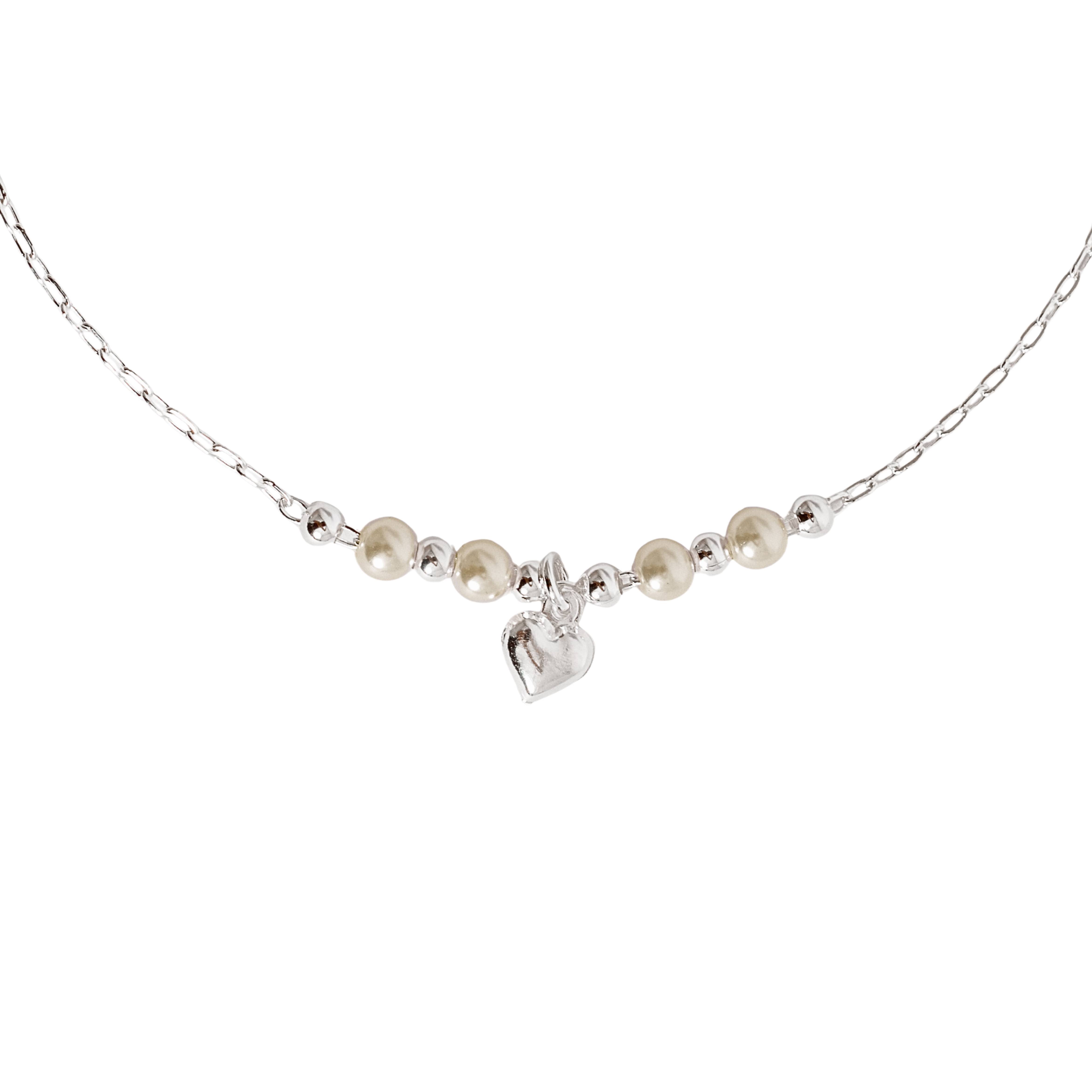 Pulseira entremeio bolas e pérolas com pingente coração 6mm 19cm