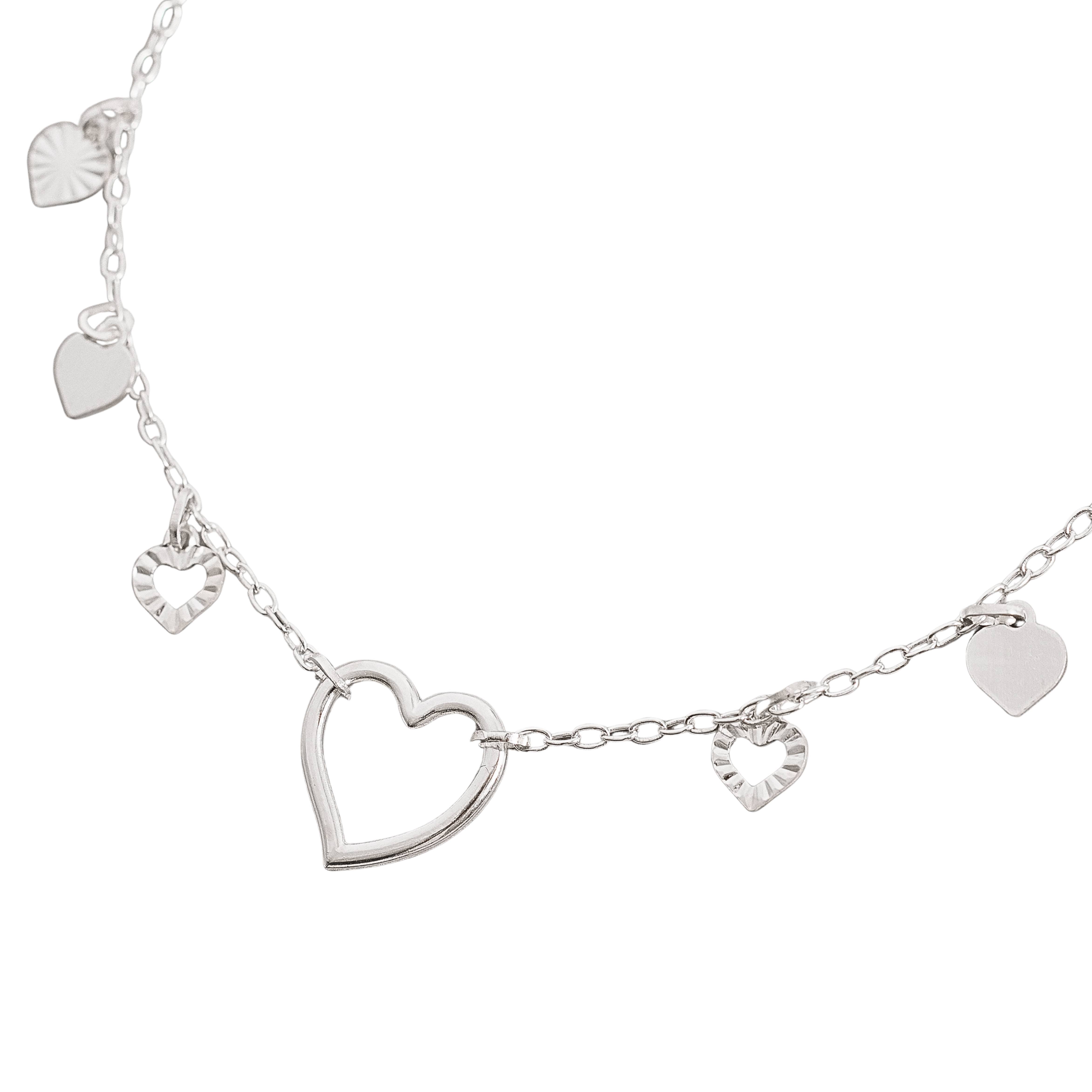 Pulseira entremeio coração vazado pingentes corações liso e vazado com vinco