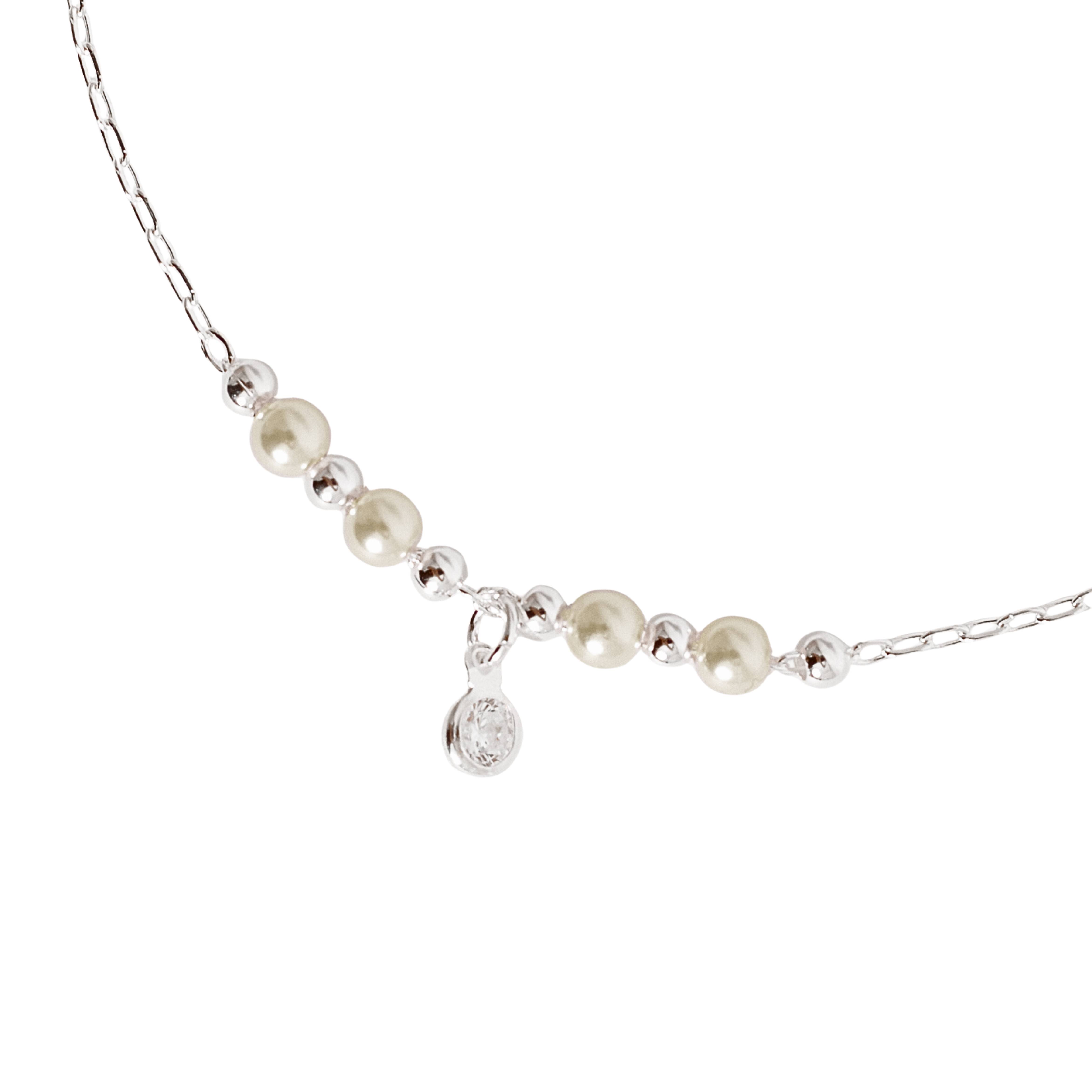 Pulseira entremeio bolas e pérolas com pingente zircônia 5mm 19cm