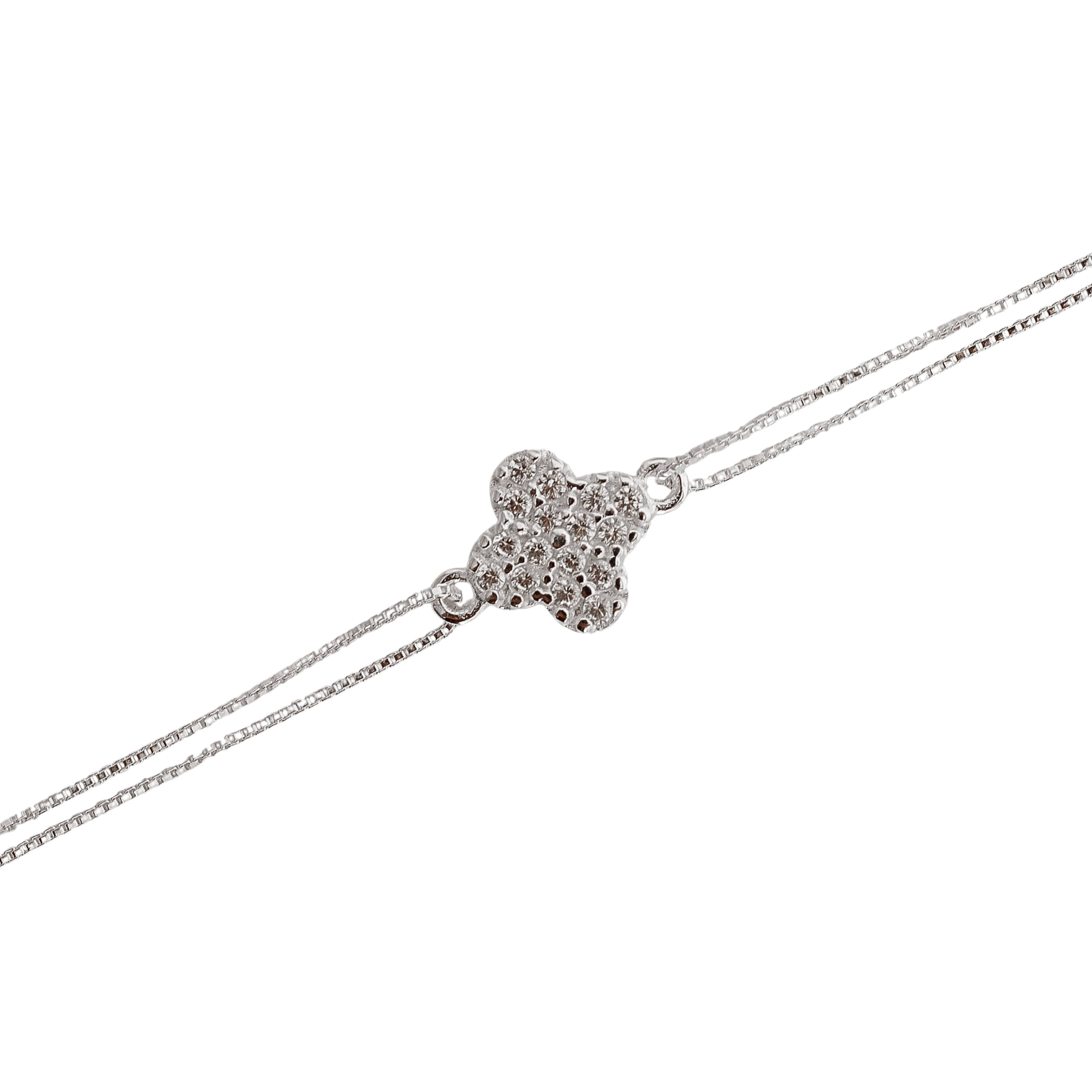 Pulseira entremeio trevo cravejado 10mm corrente dupla 17+5cm