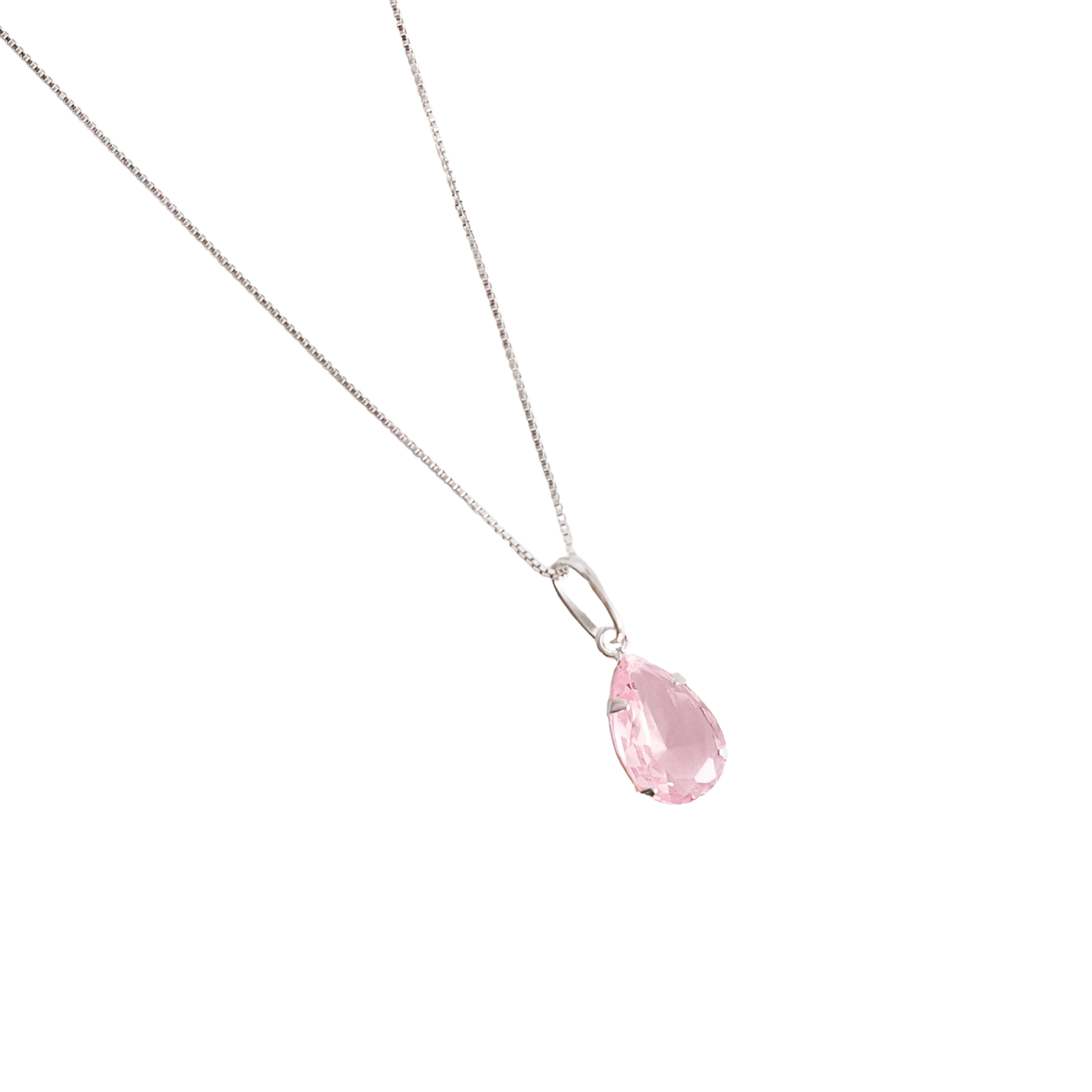 Colar pingente zircônia gota rosa 12mm 45cm