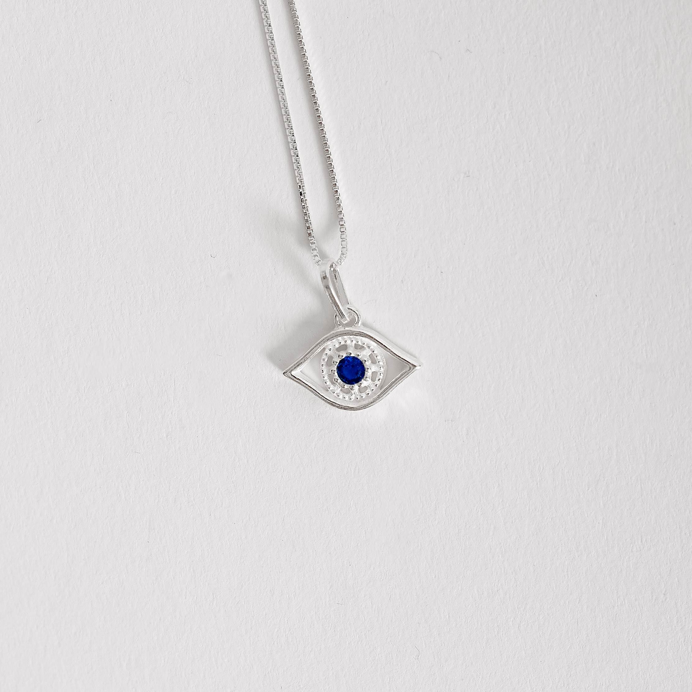 Colar pingente olho com zircônia azul 15mm 45cm