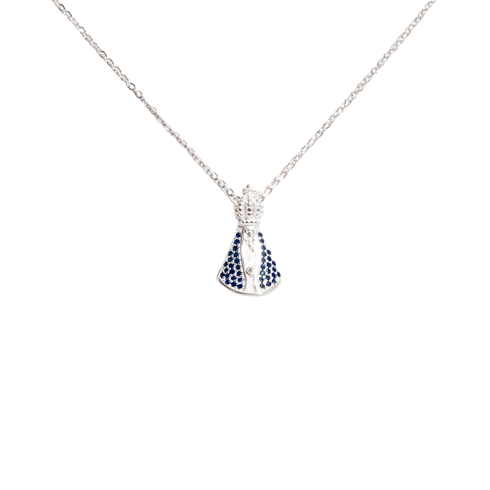 Colar Nsa. Sra. Aparecida cravejada azul 18mm corrente cadeadinho 45cm