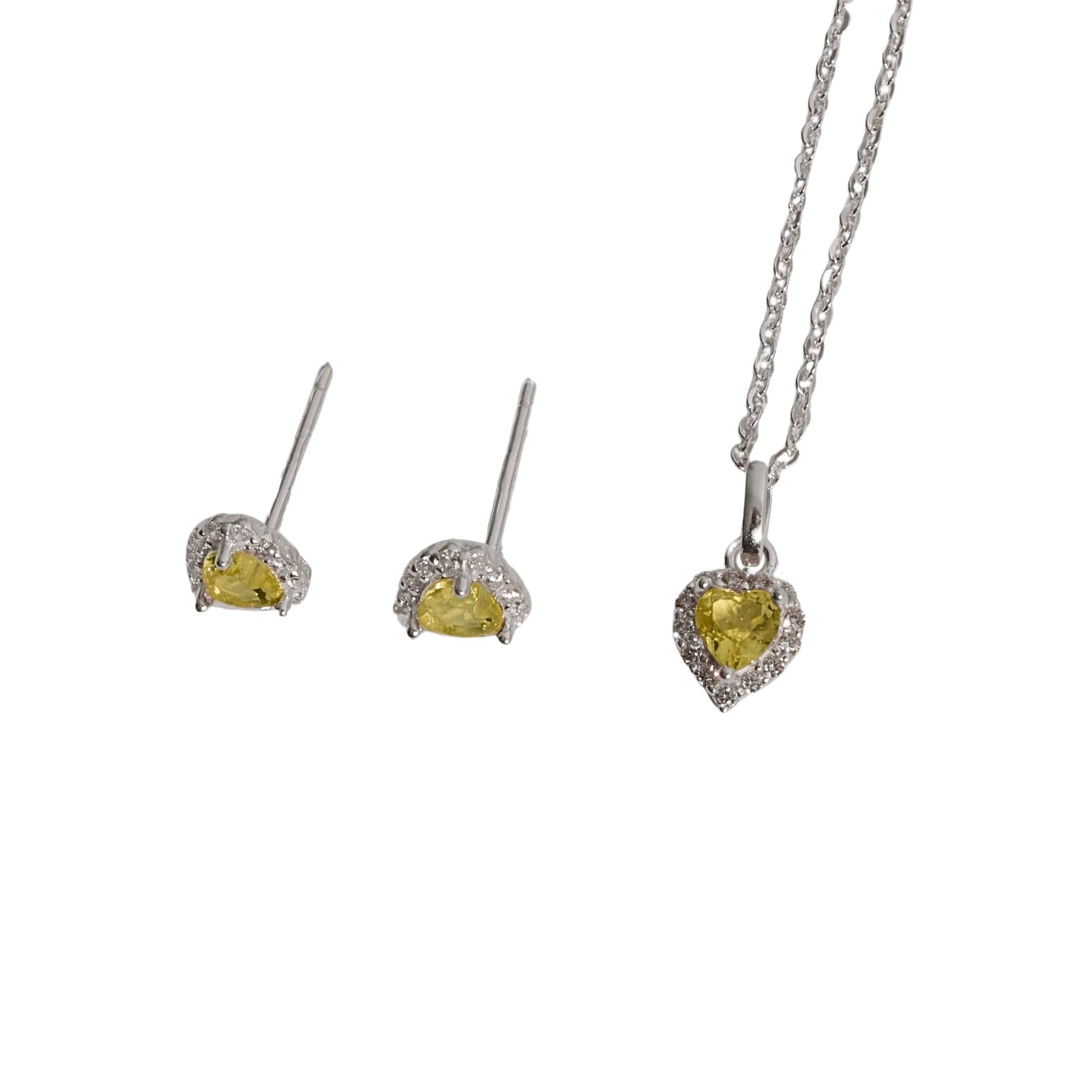 Imagem Conjunto brinco e colar zircônia coração amarela com cravejado 7mm corrente cadeadinho 40cm