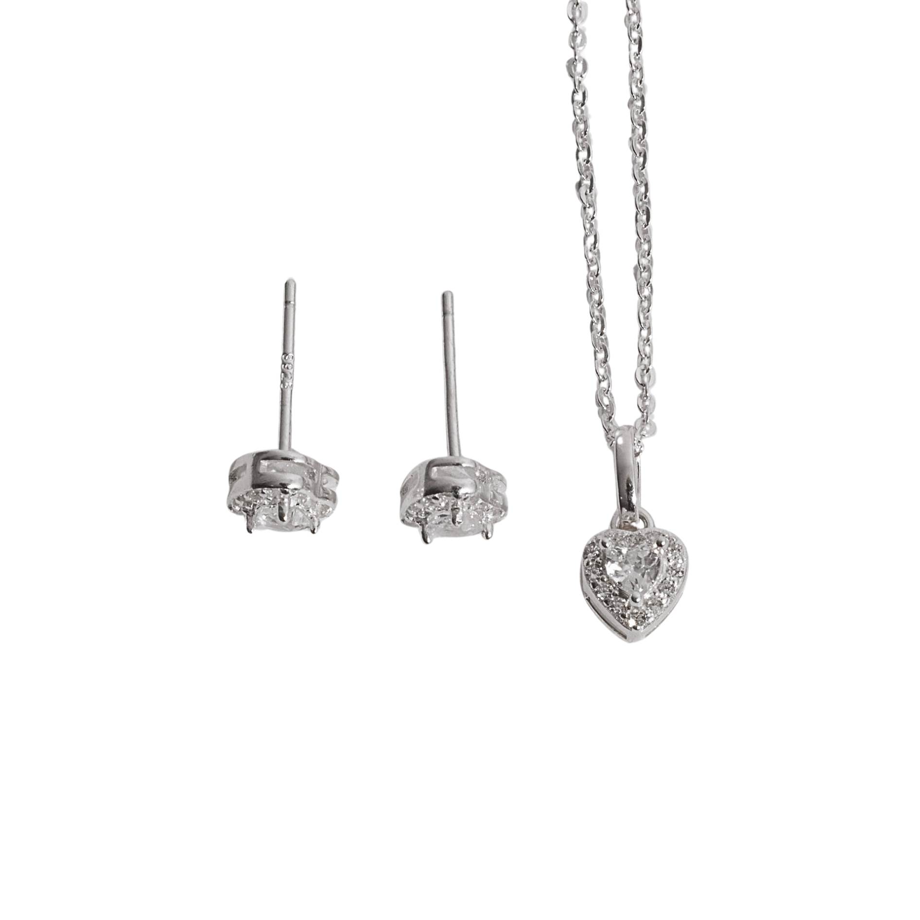 Conjunto brinco e colar zircônia coração com cravejado 6mm corrente cadeadinho 40cm