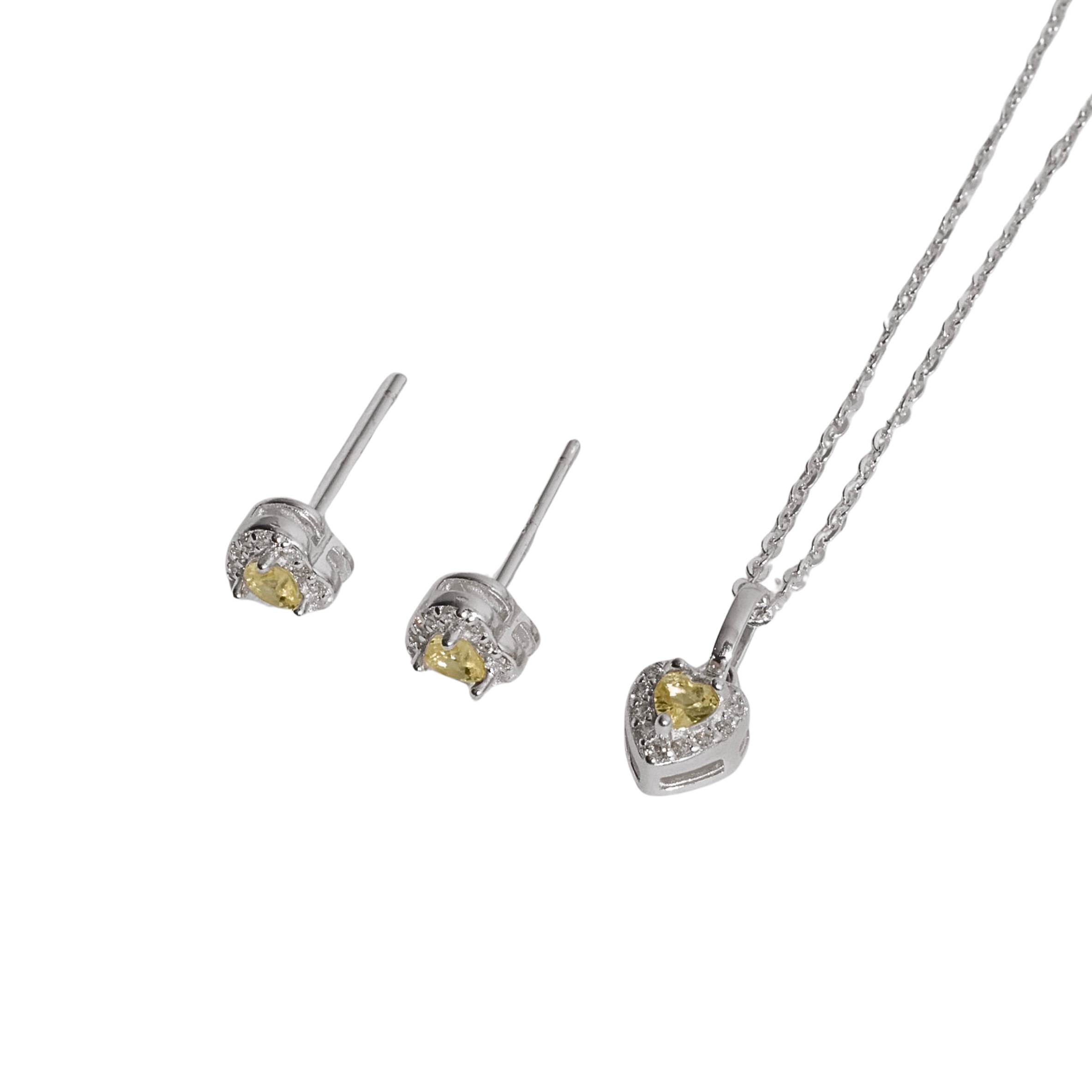 Imagem Conjunto brinco e colar zircônia coração amarela com cravejado 6mm corrente cadeadinho 40cm