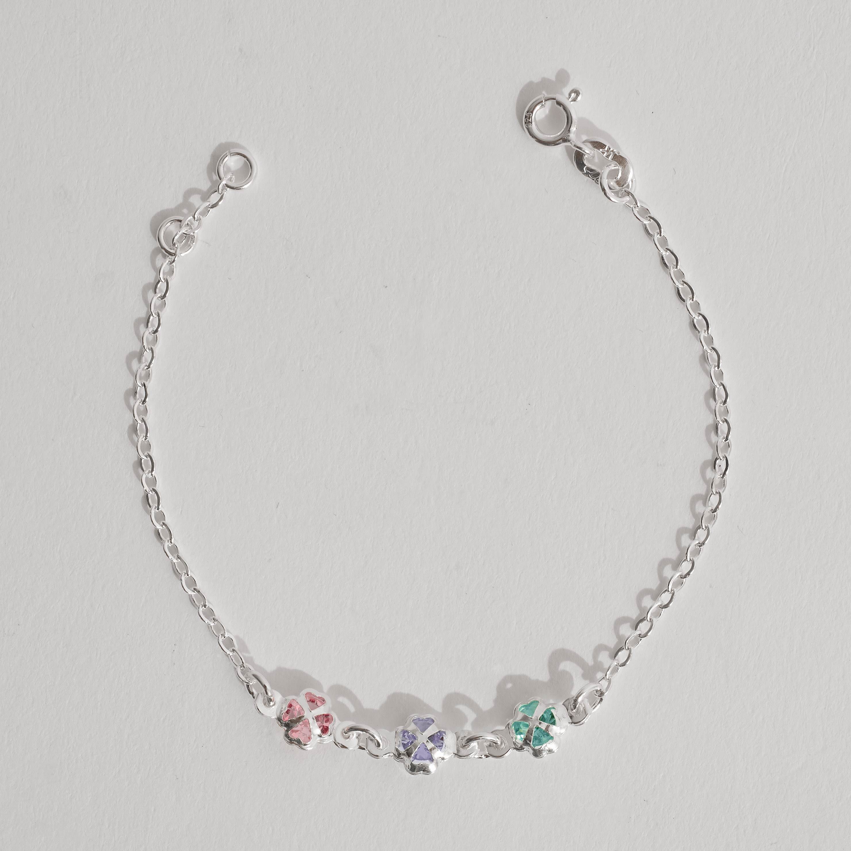 Pulseira infantil entremeio 3 trevos com zircônias coloridas 6mm 15cm
