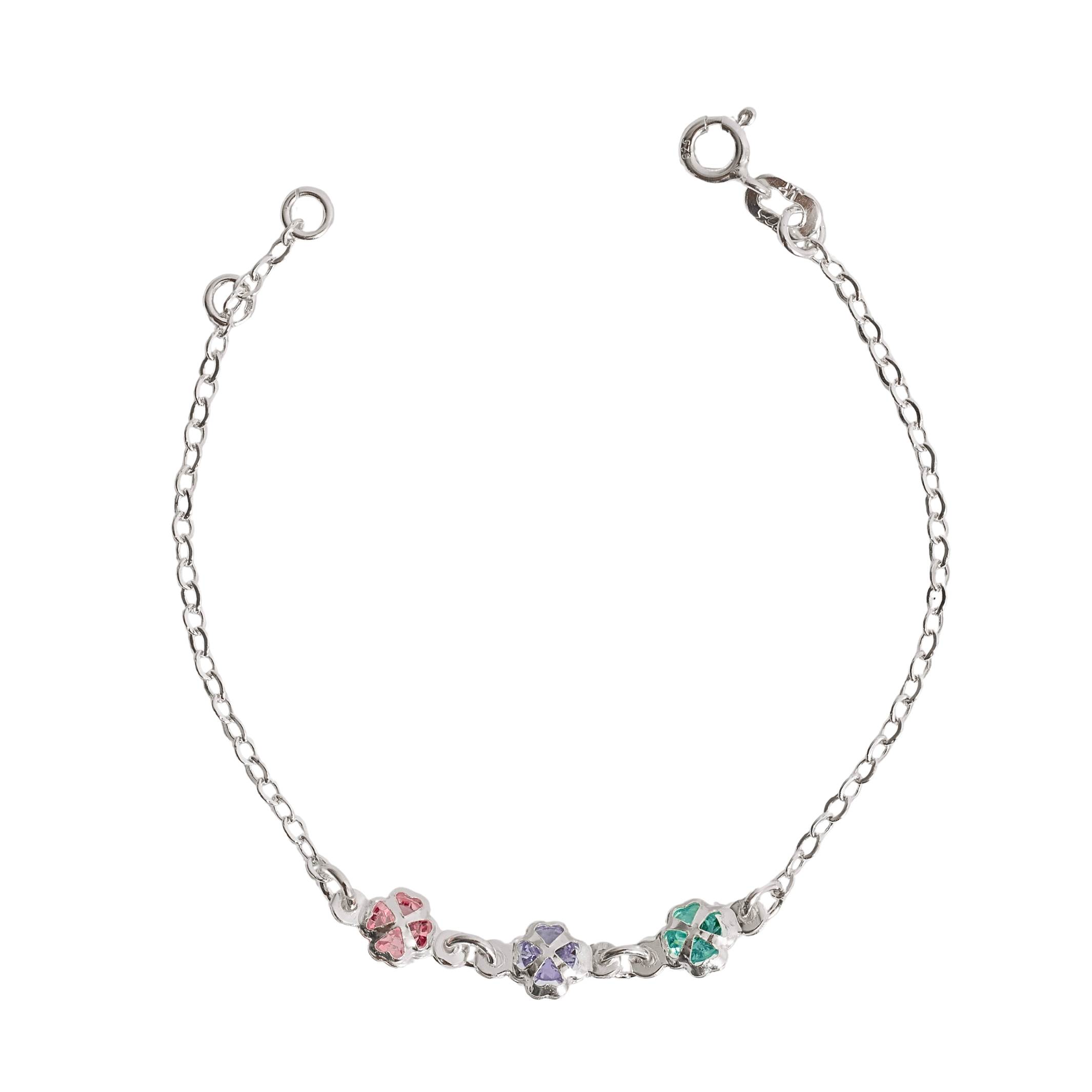 Pulseira infantil entremeio 3 trevos com zircônias coloridas 6mm 15cm