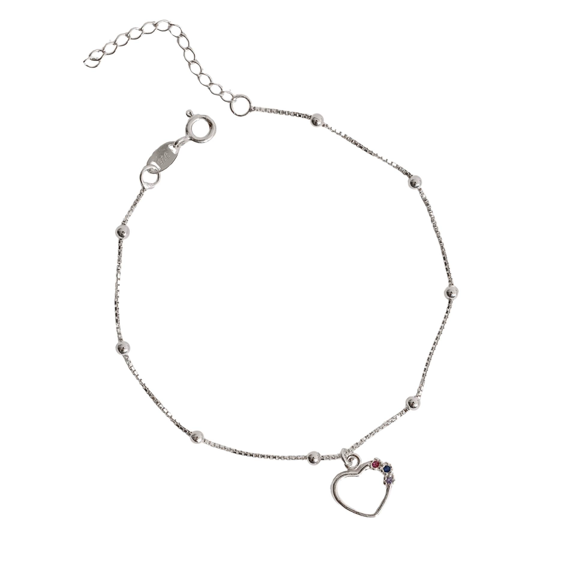 Pulseira pingente coração vazado detalhe cravejado colorido 11mm com bolas