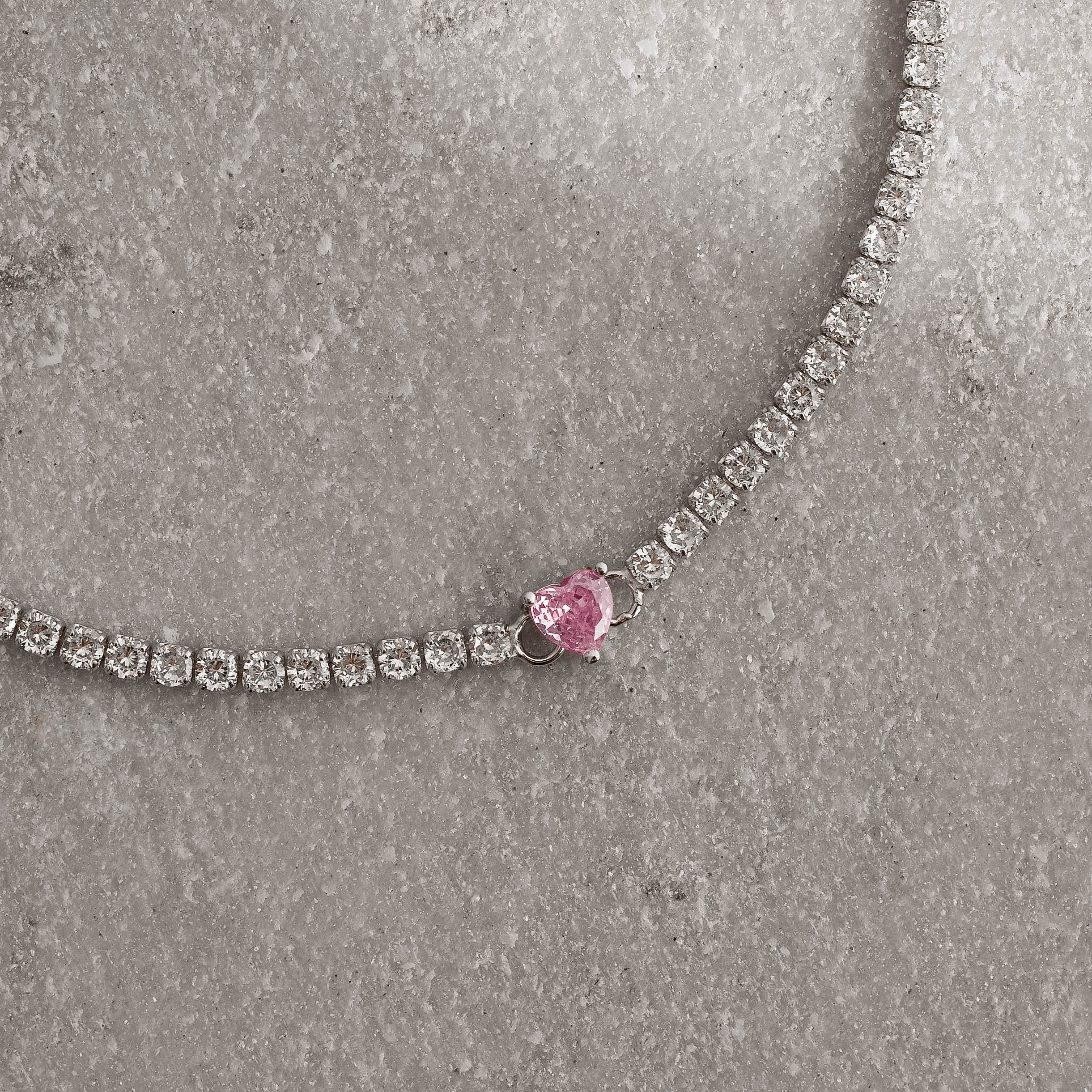 Pulseira Riviera 2.5 detalhe zircônia coração rosa 16,5cm com alongadora ródio
