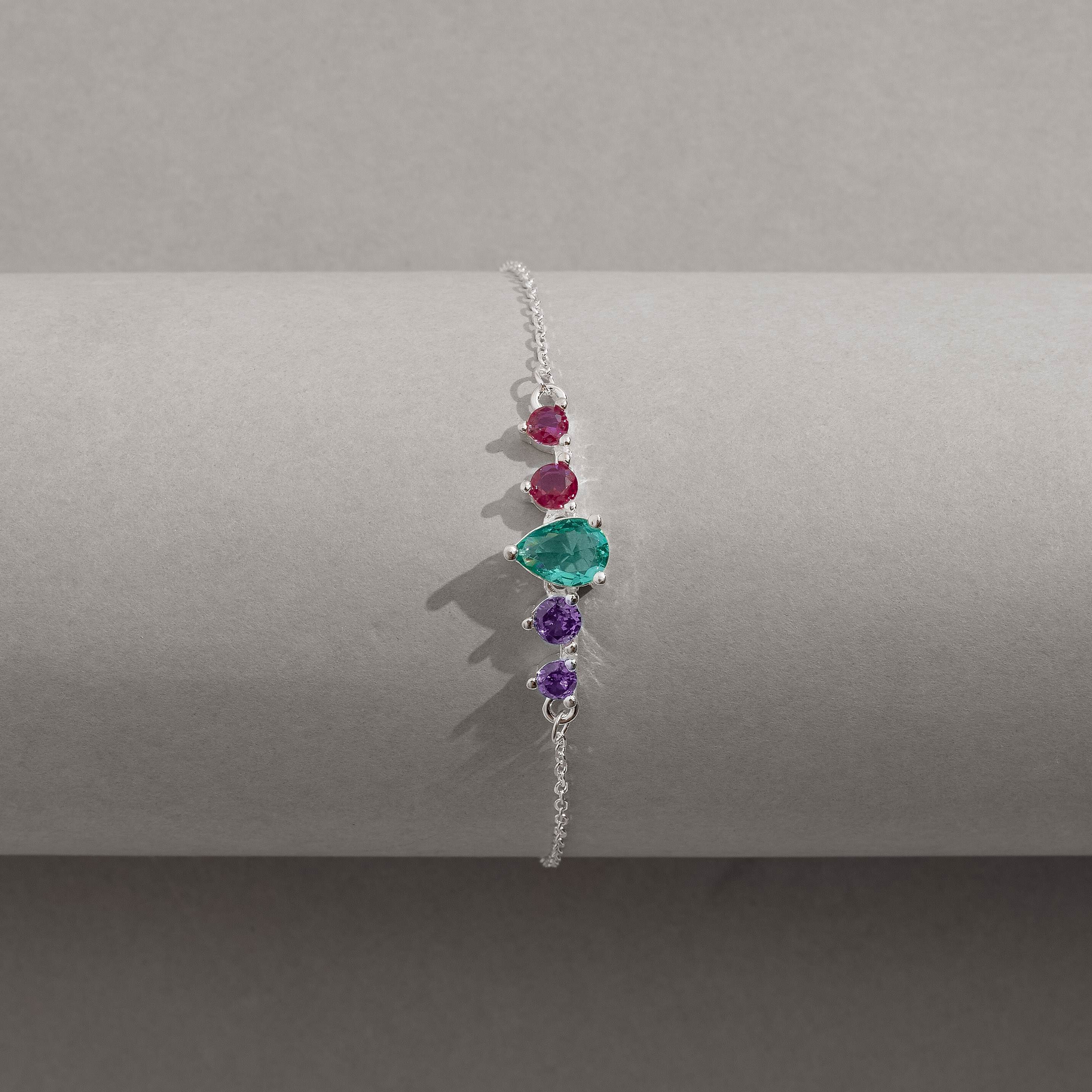 Pulseira entremeio zircônias gota acqua e redondas lilás e pink