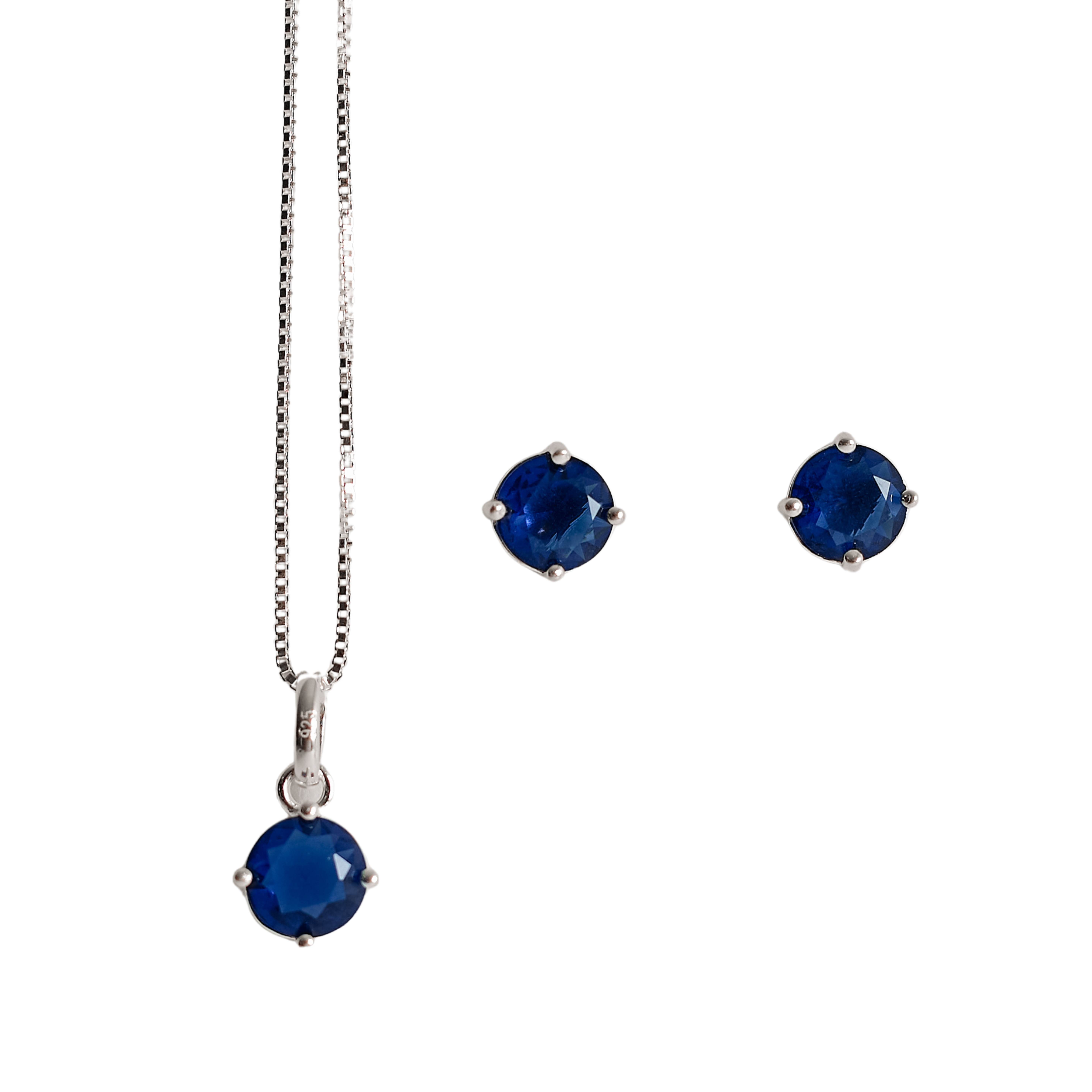 Conjunto brinco e colar zircônia redonda azul 6mm 45cm