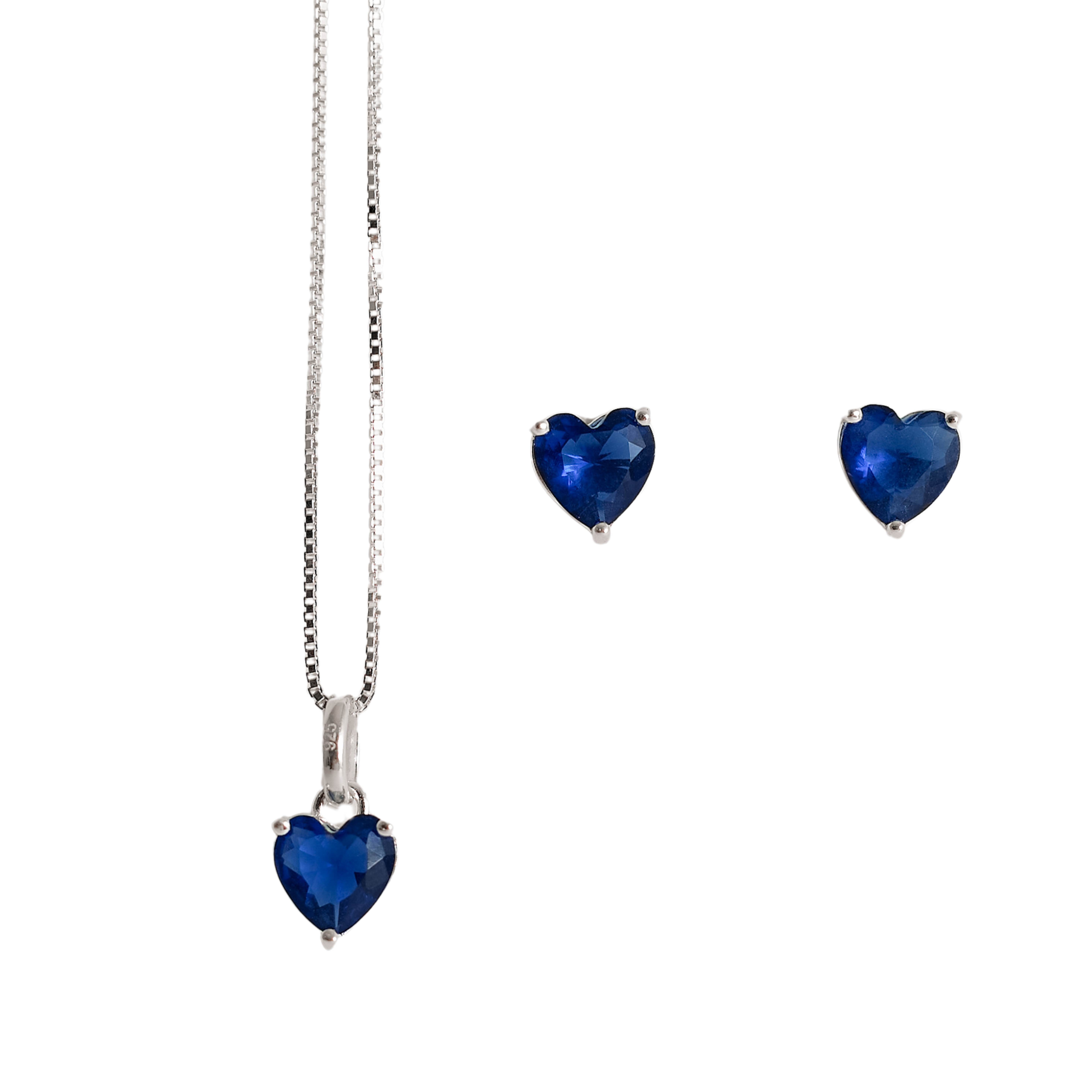 Conjunto brinco e colar zircônia coração azul 6mm 45cm